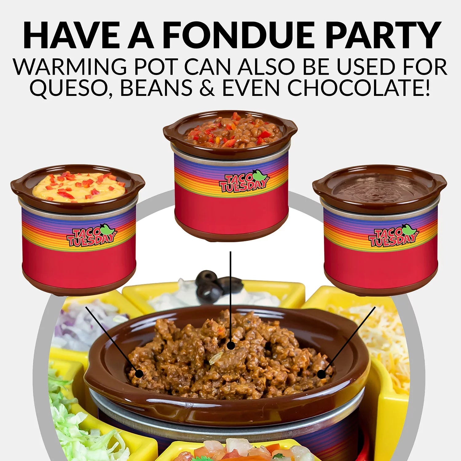 Taco Tuesday TTLSTB10 Lazy Susan Taco Bar with 20-Oz. Warming Pot, Includes 4 Taco Holders