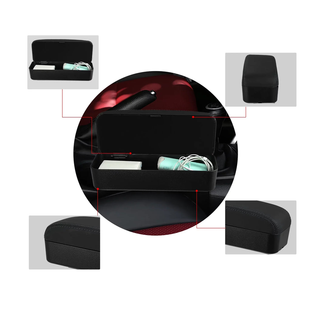Car Center Armrest Box Seat Gap Adjustable Armrest Storage Organizer Box Armrest Black  Leather with Black Line