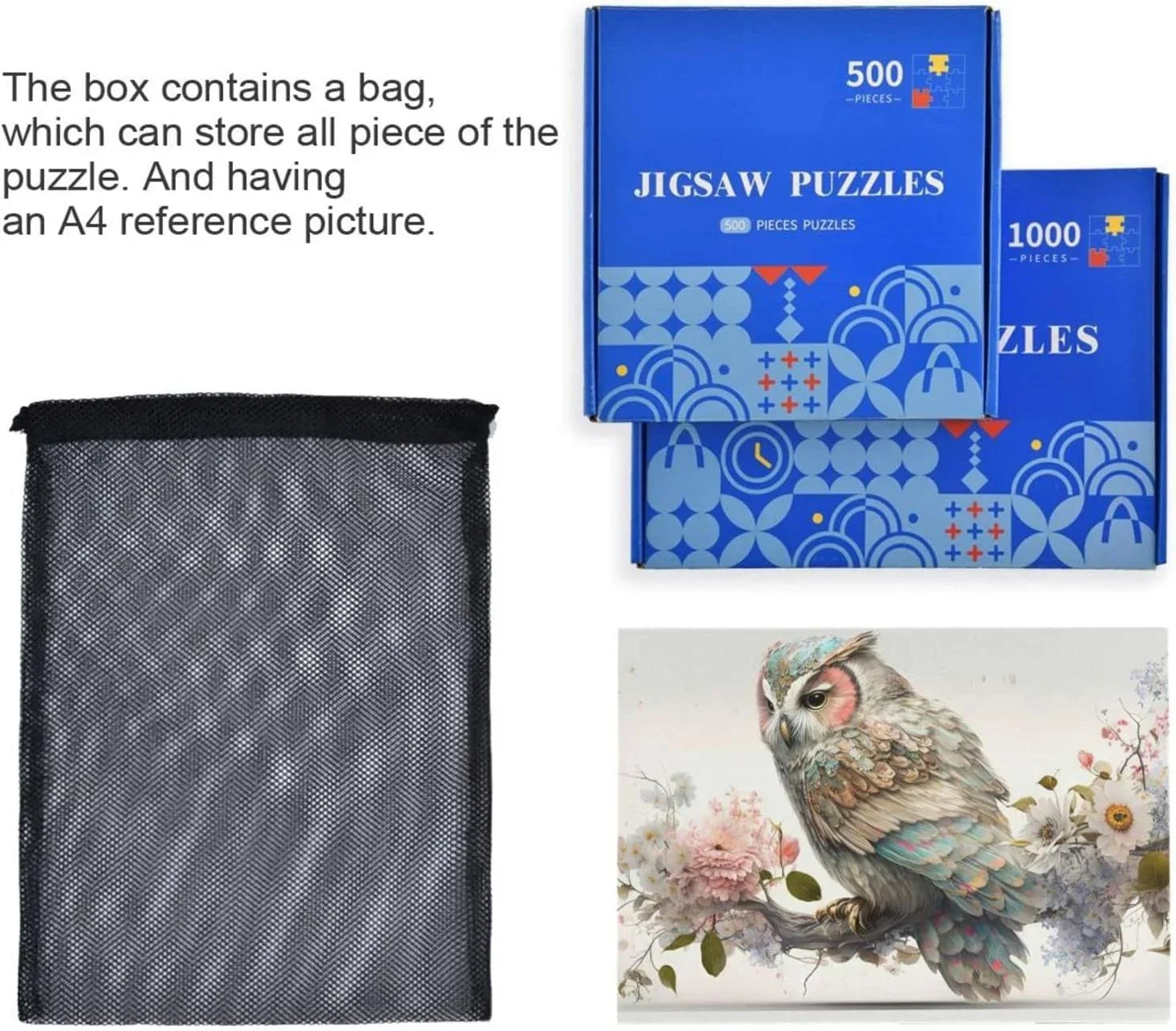 500  Art Floral Owl Jigsaw Puzzle, Paper Wood Composite Material Zigsaw with Storage Bag, Puzzle for Adults, Fun Challenging Brain Exercise Family Game Gift for Kids Friends Parents