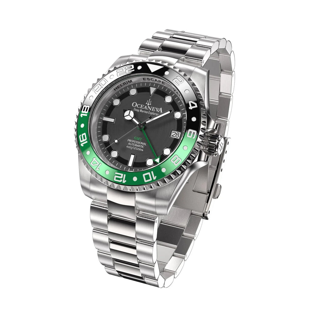 Oceaneva™  Deep Marine Explorer Pro Diver Black Green Bezel Watch - Screw Down with Triple Seal Case Back - 1250M Water Resistance - Japan Automatic Movement Dive Swimming Wrist Watches For Men