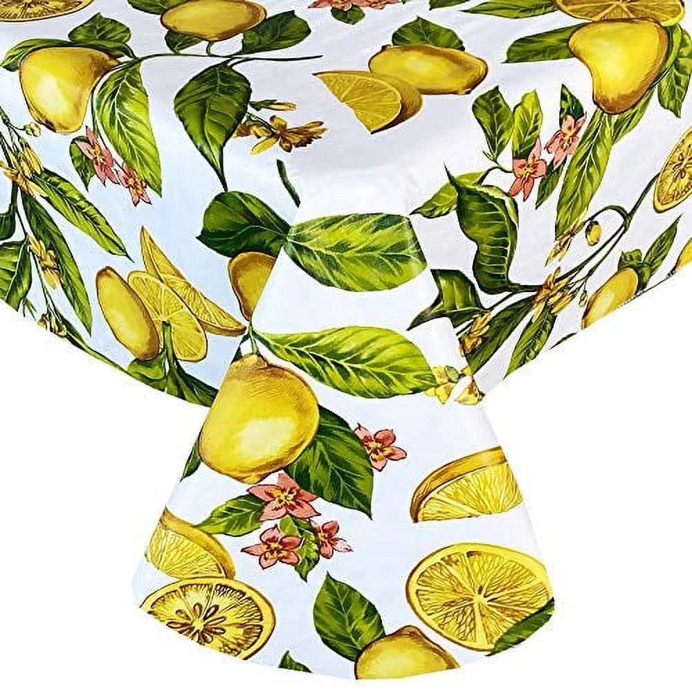 Newbridge Zesty Lemons Vinyl Flannel Backed Tablecloth, Lemon Vine Indoor/Outdoor Waterproof Tablecloth, Picnic, Barbeque, Patio and Kitchen Dining, 60 Inch x 102 Inch Oblong/Rectangle