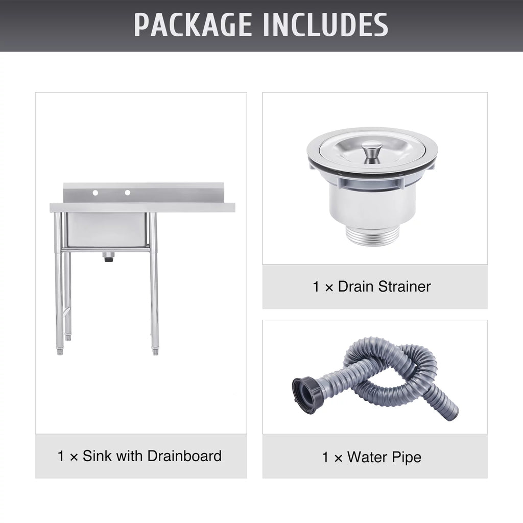 Wilprep Commercial Stainless Steel Utility Sink w Drainboard Strainer Backsplash for Kitchen Bar