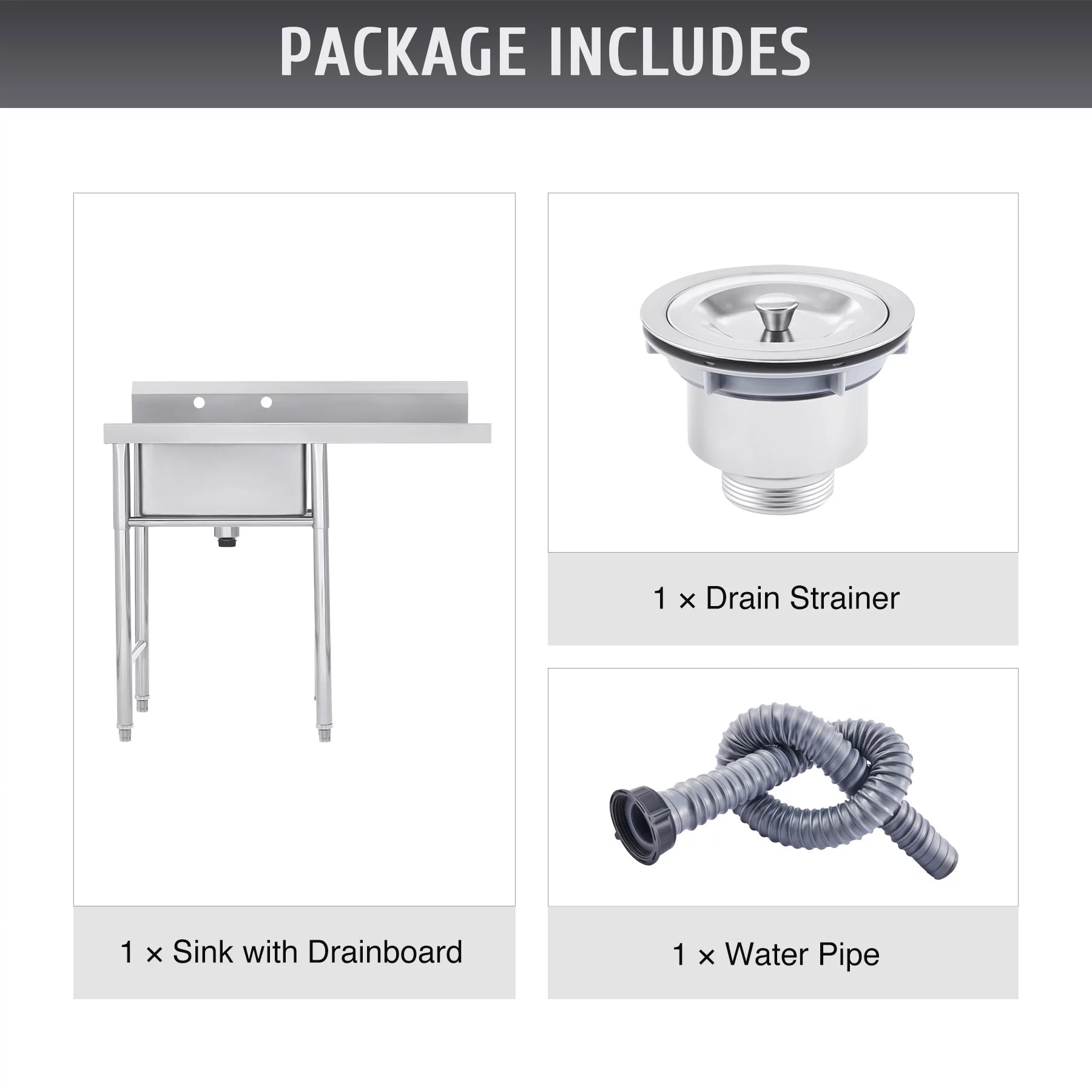 Wilprep Commercial Stainless Steel Utility Sink w Drainboard Strainer Backsplash for Kitchen Bar