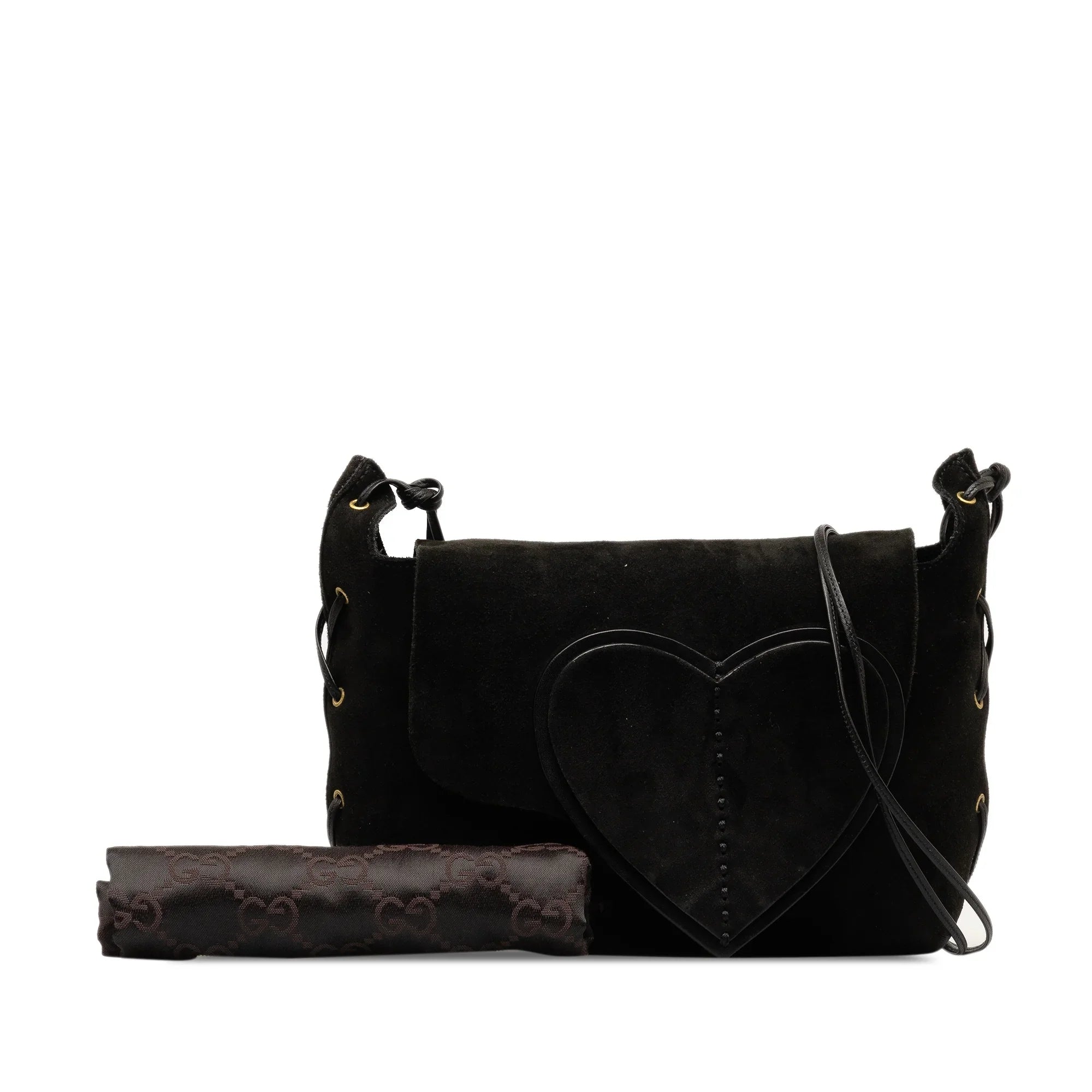 Pre-Owned Authenticated Gucci Heart Crossbody Suede Leather Black Crossbody Bag Unisex (Good)
