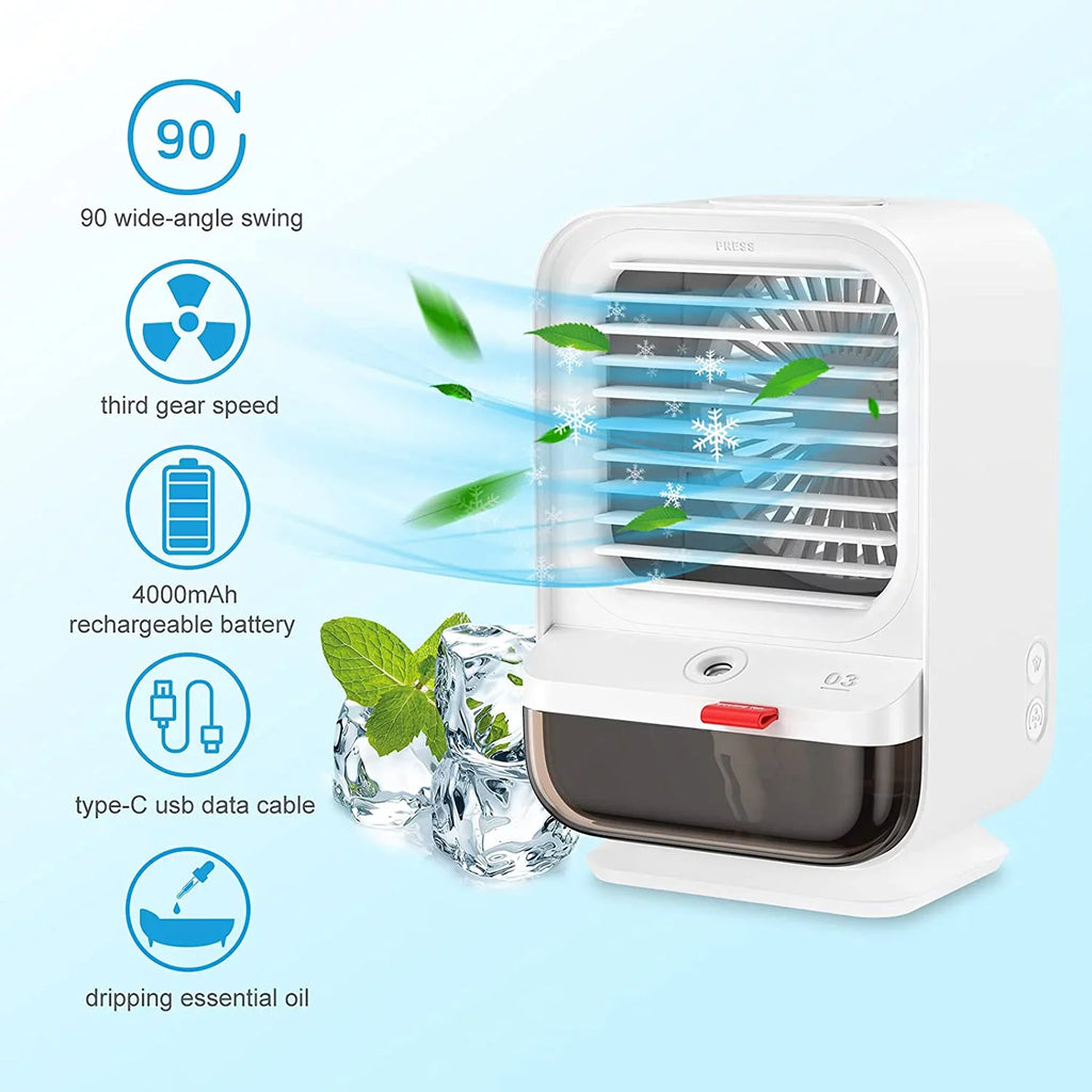 Sholov Portable Air Conditioner Fan Mini Personal Evaporative Air Cooler 90 Shaking Head with Battery with 3 Speeds & 2 Misting &  Light for Home, Bedroom, Travel & Office,  Charging, White