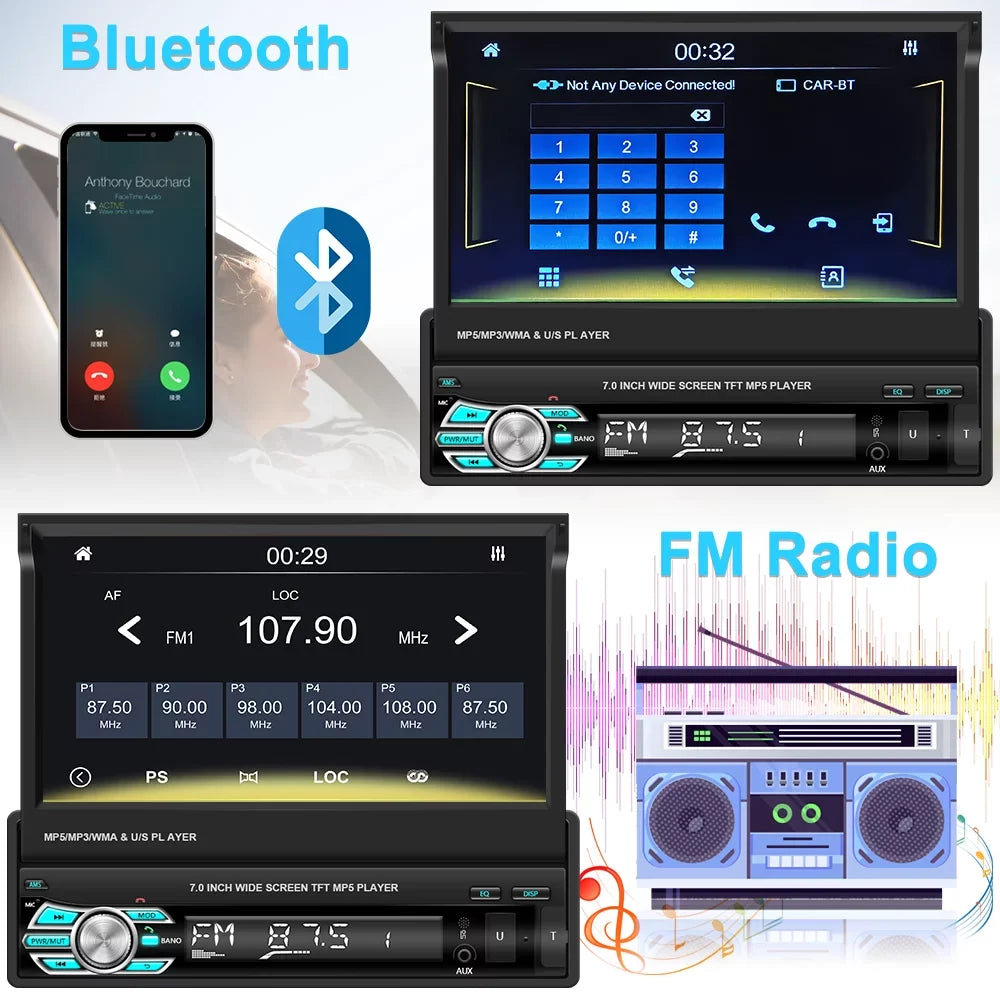 Podofo Universal Single 1  7"  Touchscreen Retractable Car Stereo Radio Bluetooth Auto Apple Carplay Android Auto  Video Player Mirror Link Function, with 12  Backup Camera