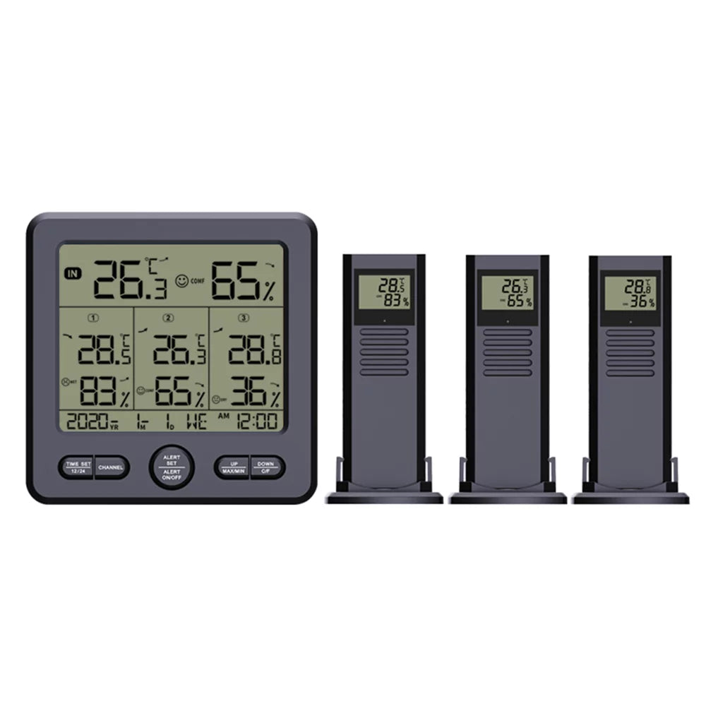 Digital Wireless Indoor  Thermohygrometer with 3 Remote Sensors 98ft/ 30m Backlight & Alarm Calibration Function Humidity  with 3 Transmitters Weather Stations for Home Office