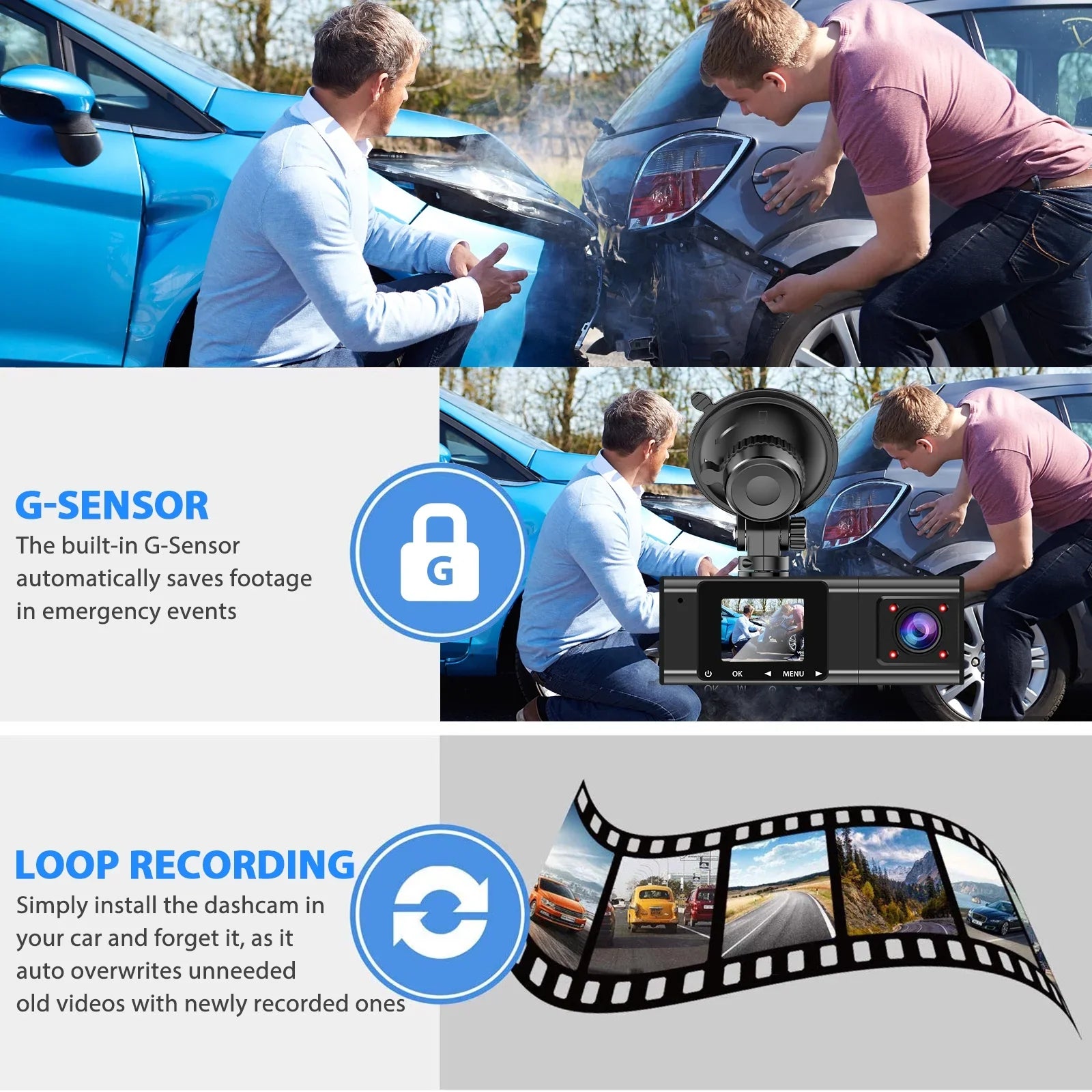 Dual Dash Cam,  1080P Dual Lens Front Insides Camera,  Car  Driving Recorder with Night Vision, 170° Wide Angle, Loop Recording, G-Sensor, Parking Mode - Black