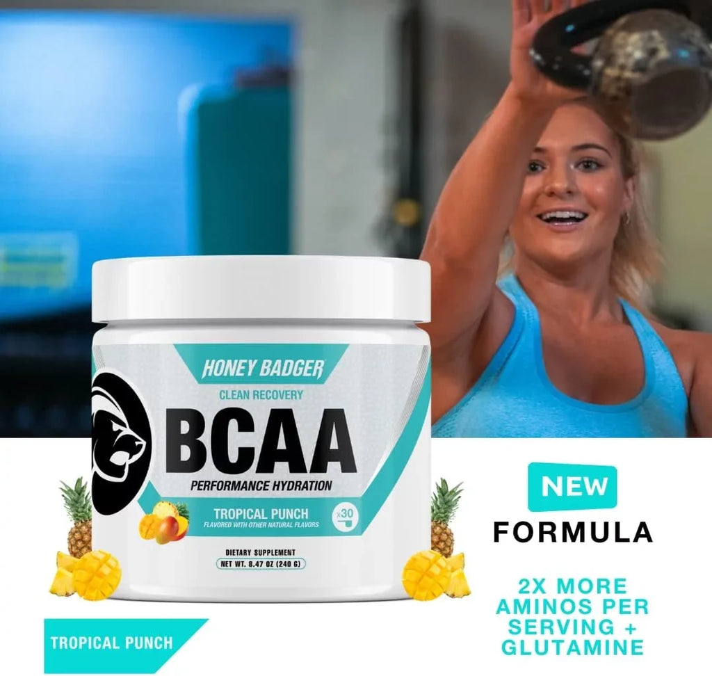 Honey Badger  Amino Acids Electrolytes Powder, Keto, Vegan, Sugar Free BCAAs +  with L-Glutamine For Men & Women, Hydration & Post Workout Muscle Recovery Drink Mix, Tropical Punch, 30 Servings