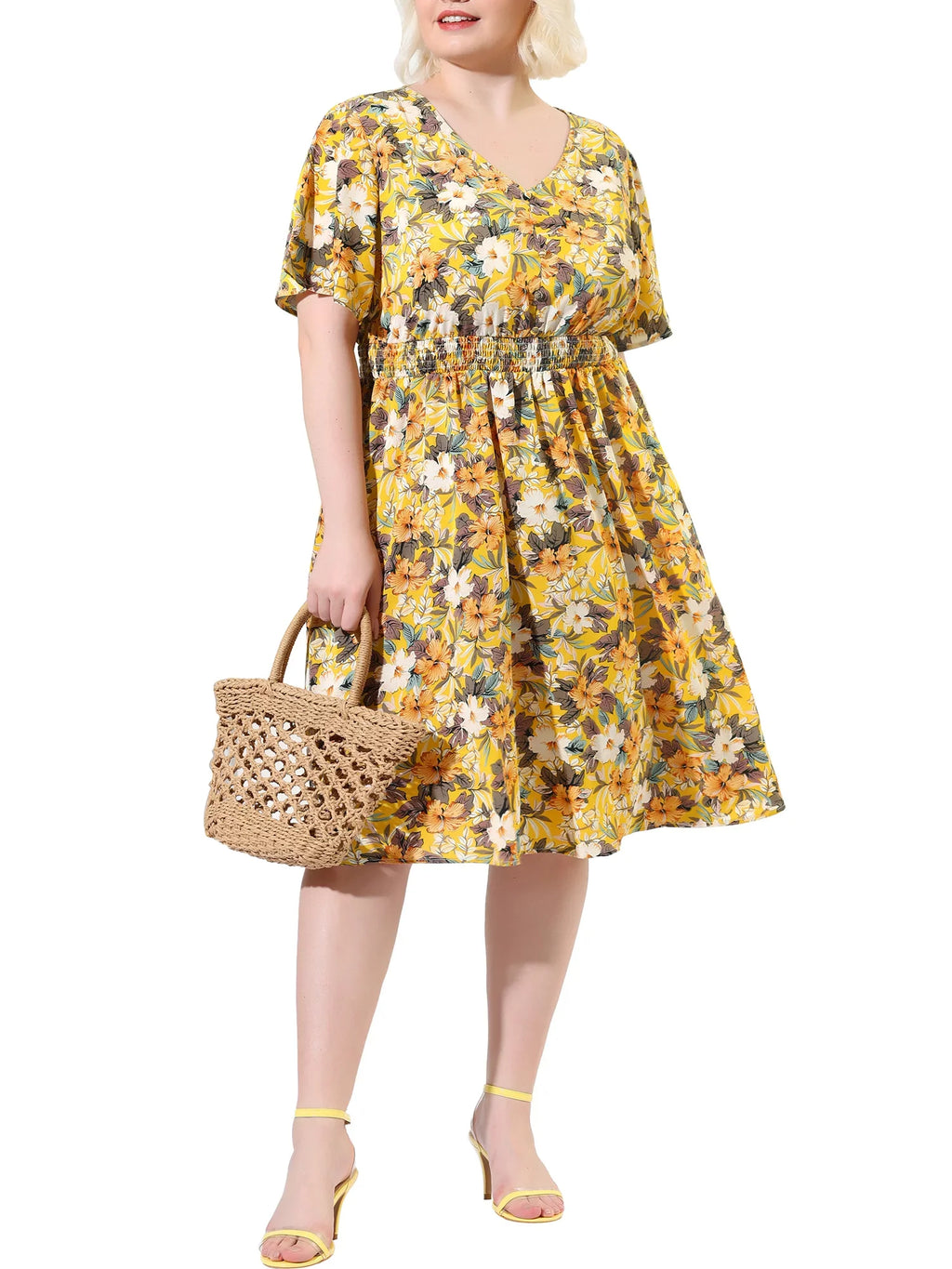 Juniors' Plus V Neck Floral Print Flare Sleeve Casual Midi Dress Yellow 3X