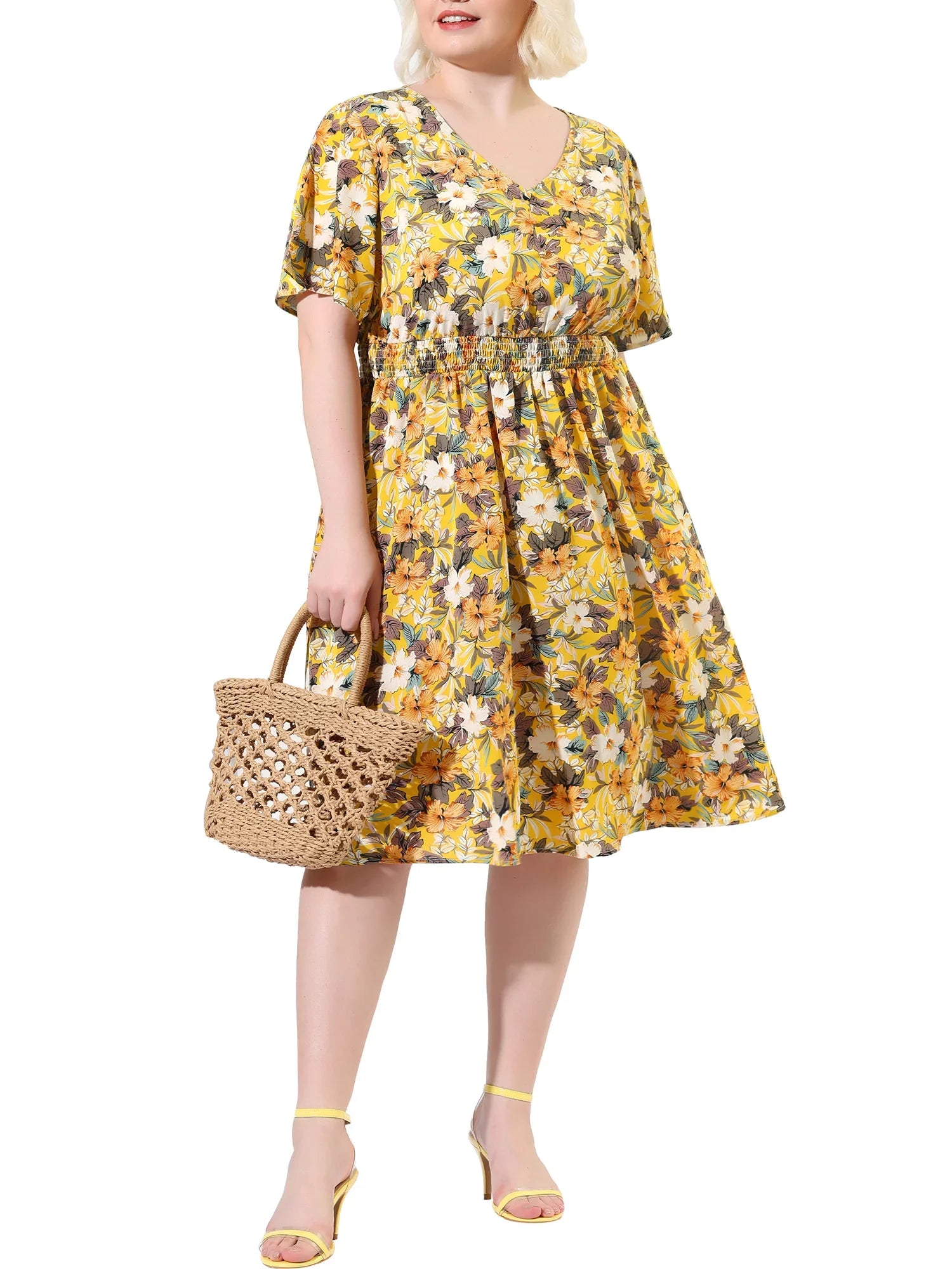 Juniors' Plus V Neck Floral Print Flare Sleeve Casual Midi Dress Yellow 3X