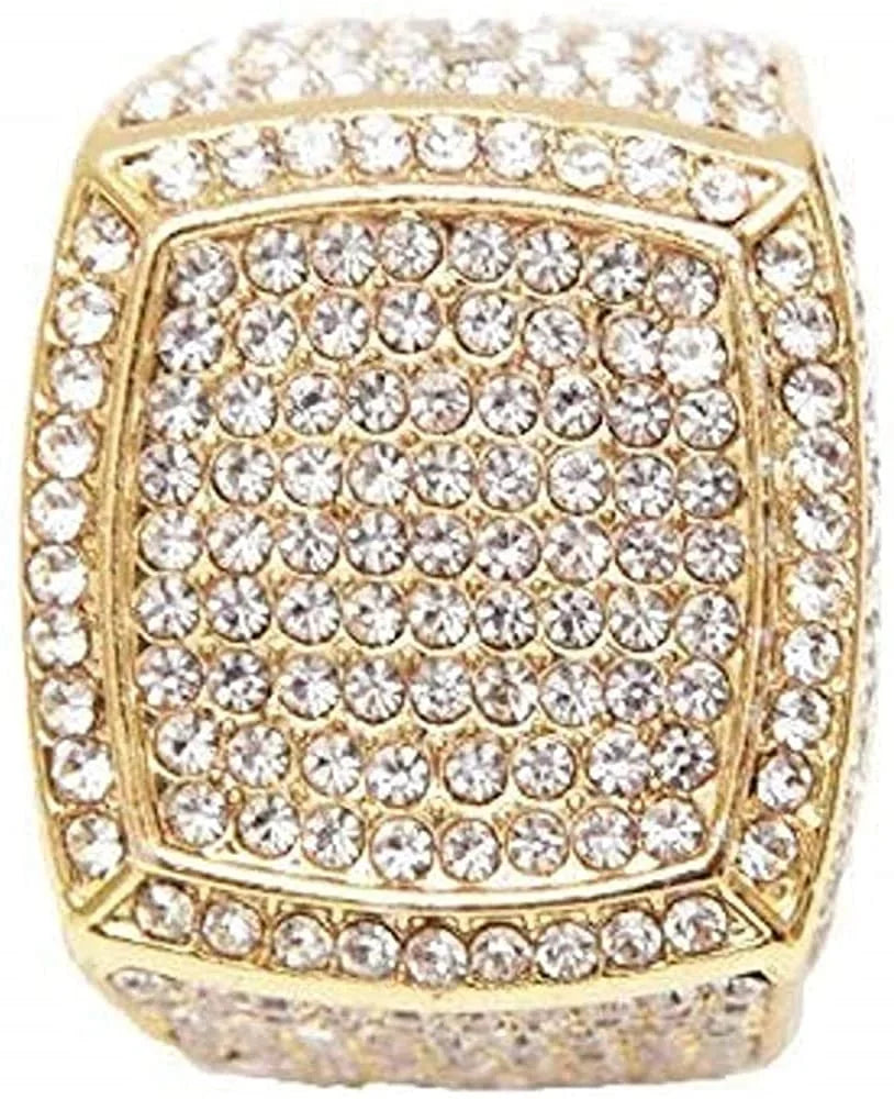 Bling-ed Out Round Luxury Mens Watch w/Bling-ed Out Cuban Bracelet and Iced King Ring Set - L0504  3pc Set(11,Gold #Blue)