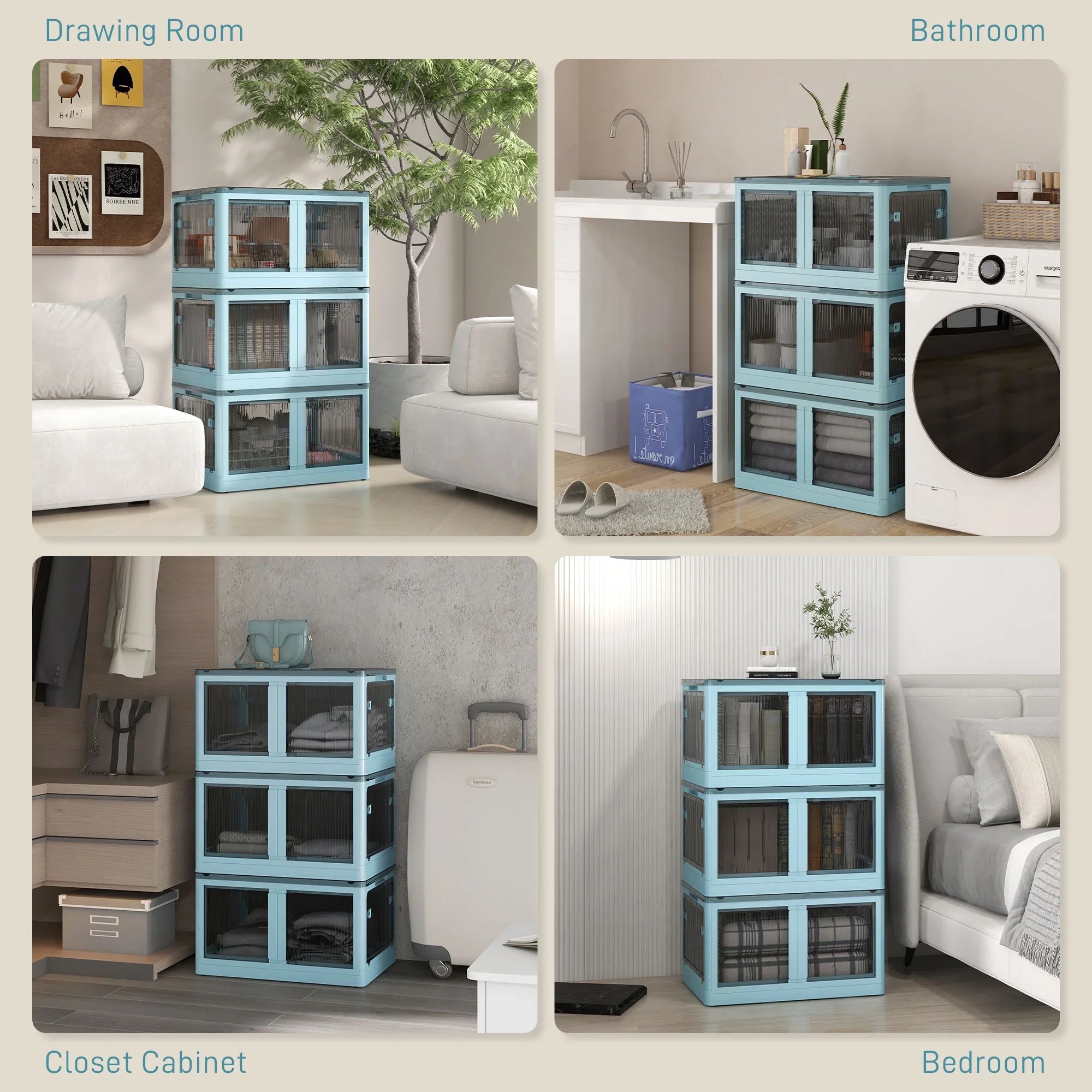 Stackable Storage Bins with Lids, Wheels, and Collapsible, Blue