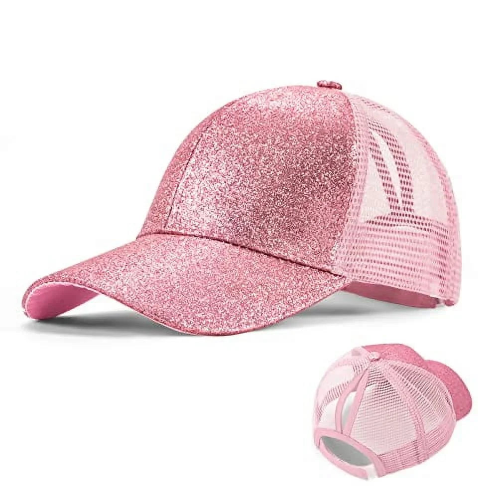 Glitter Ponytail Baseball Hat Summer Sun Hat with High Bun Messy Ponytail Hole