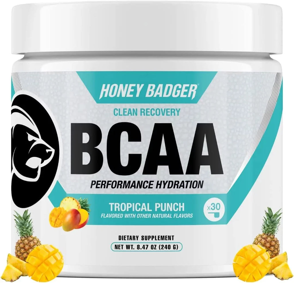 Honey Badger  Amino Acids Electrolytes Powder, Keto, Vegan, Sugar Free BCAAs +  with L-Glutamine For Men & Women, Hydration & Post Workout Muscle Recovery Drink Mix, Tropical Punch, 30 Servings