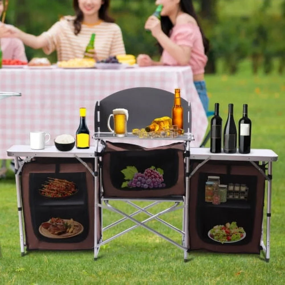 Folding Camping Kitchen Table Picnic Cabinet Table Portable Cooking Storage Rack