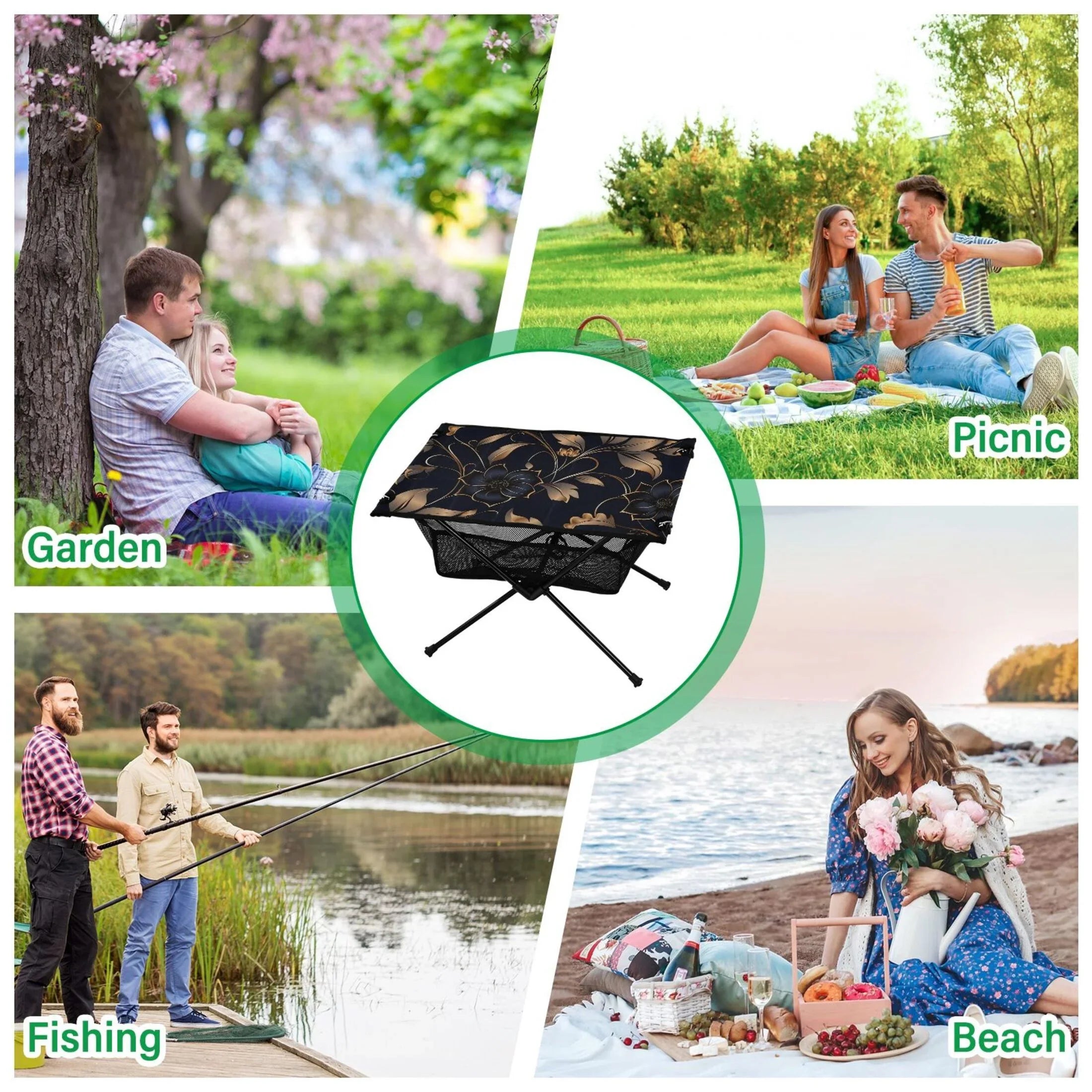 Flower on Black Camping Folding Table Portable Beach Table with Storage Bag Compact Picnic Table for Outdoor Travel Fishing