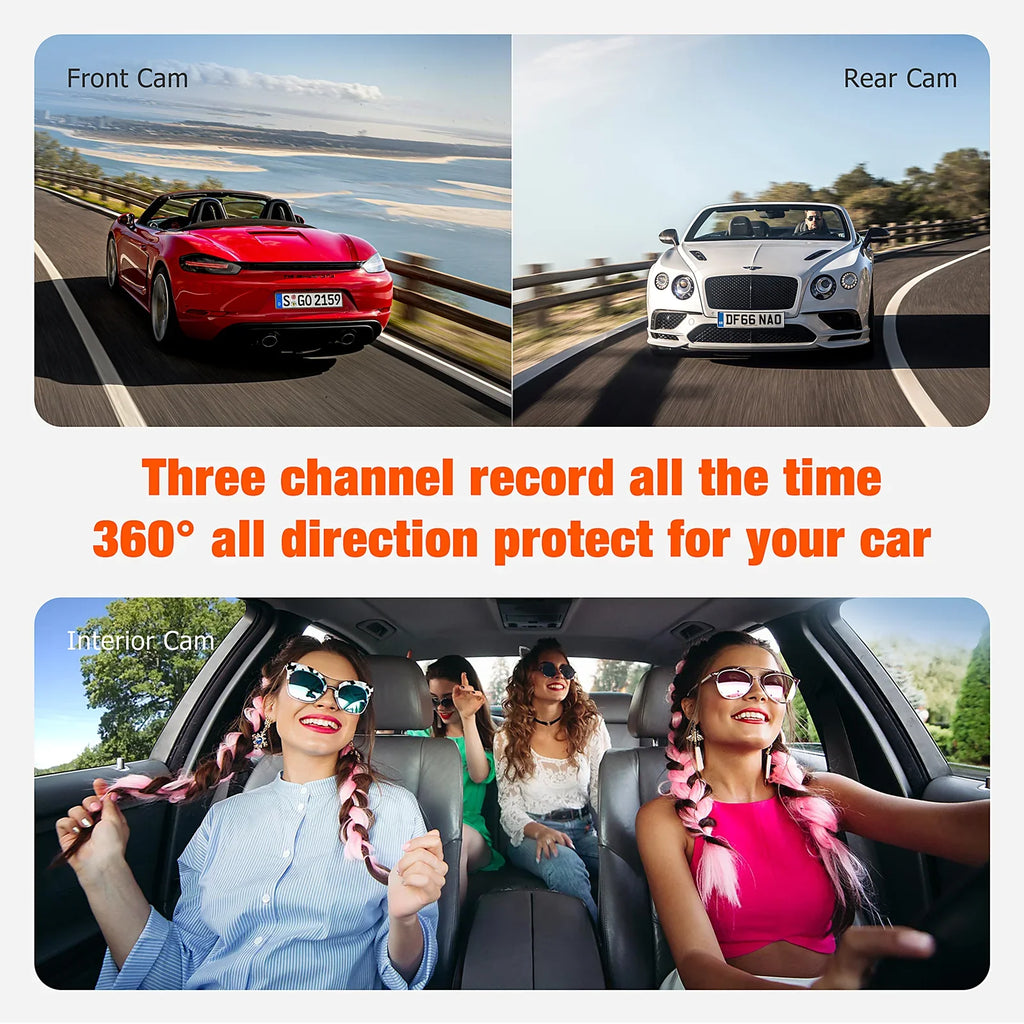 3 Channel Car Camera Dash Cam Front and Rear Inside with  Night Vision 1080P Dash Camera Three Way Triple Parking Monitor Motion Detection Accident Lock