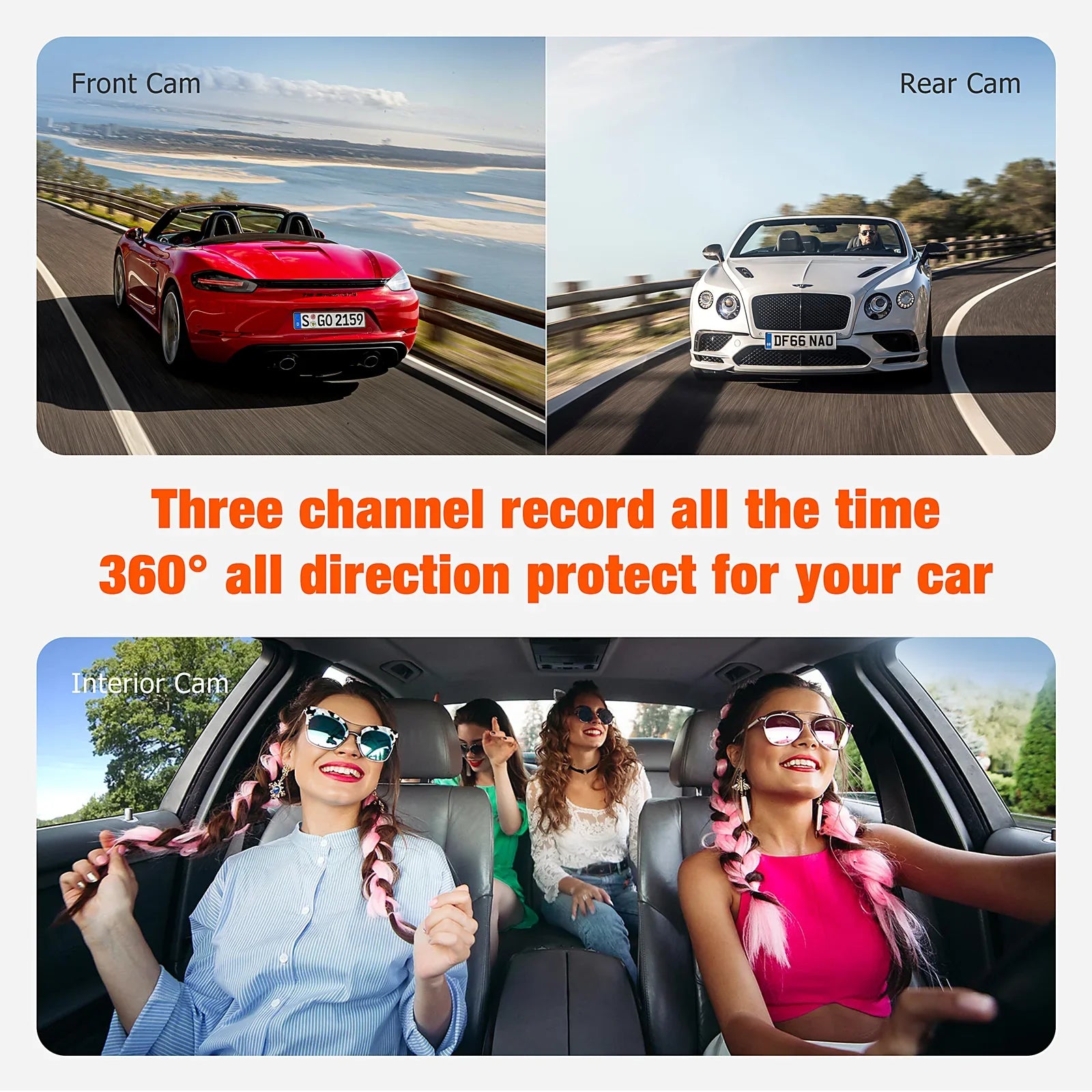 3 Channel Car Camera Dash Cam Front and Rear Inside with  Night Vision 1080P Dash Camera Three Way Triple Parking Monitor Motion Detection Accident Lock
