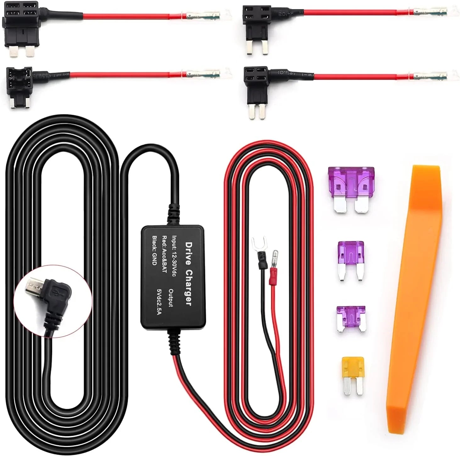 Dash Cam Hardwire Kit,12ft ro  Hardwiring Kit Fuse for Dashcam,Car Charger 12V-24V to 5V Camera Charger