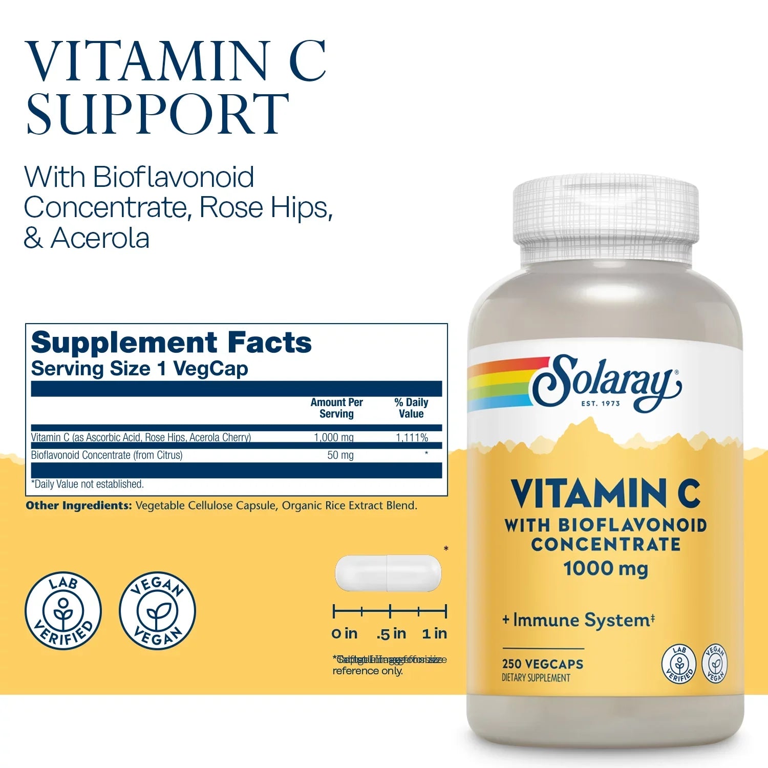 Solaray Vitamin C with Bioflavonoid Concentrate 1000mg, Healthy Immune Function, Skin, Hair & Nails Support, 250 VegCaps