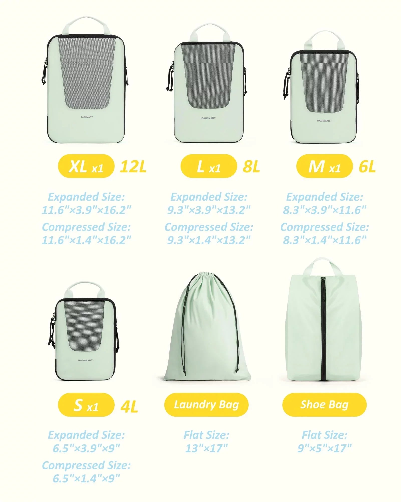 Packing Cubes for Travel, Compression Expandable 6 Pcs Luggage Packing Organizers Foldable Lightweight Suitcase Storage Bags for Travel Accessories, Green