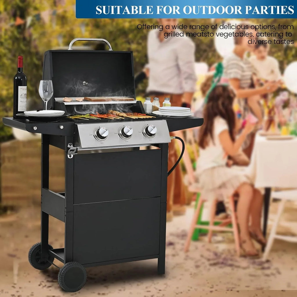 Forclover Stainless Steel Portable Propane Gas Grill, 3-Burner  Grill with Top Cover Lid, Wheels, and 2 Side Shelves, for Outdoor Patio Garden Picnic Backyard