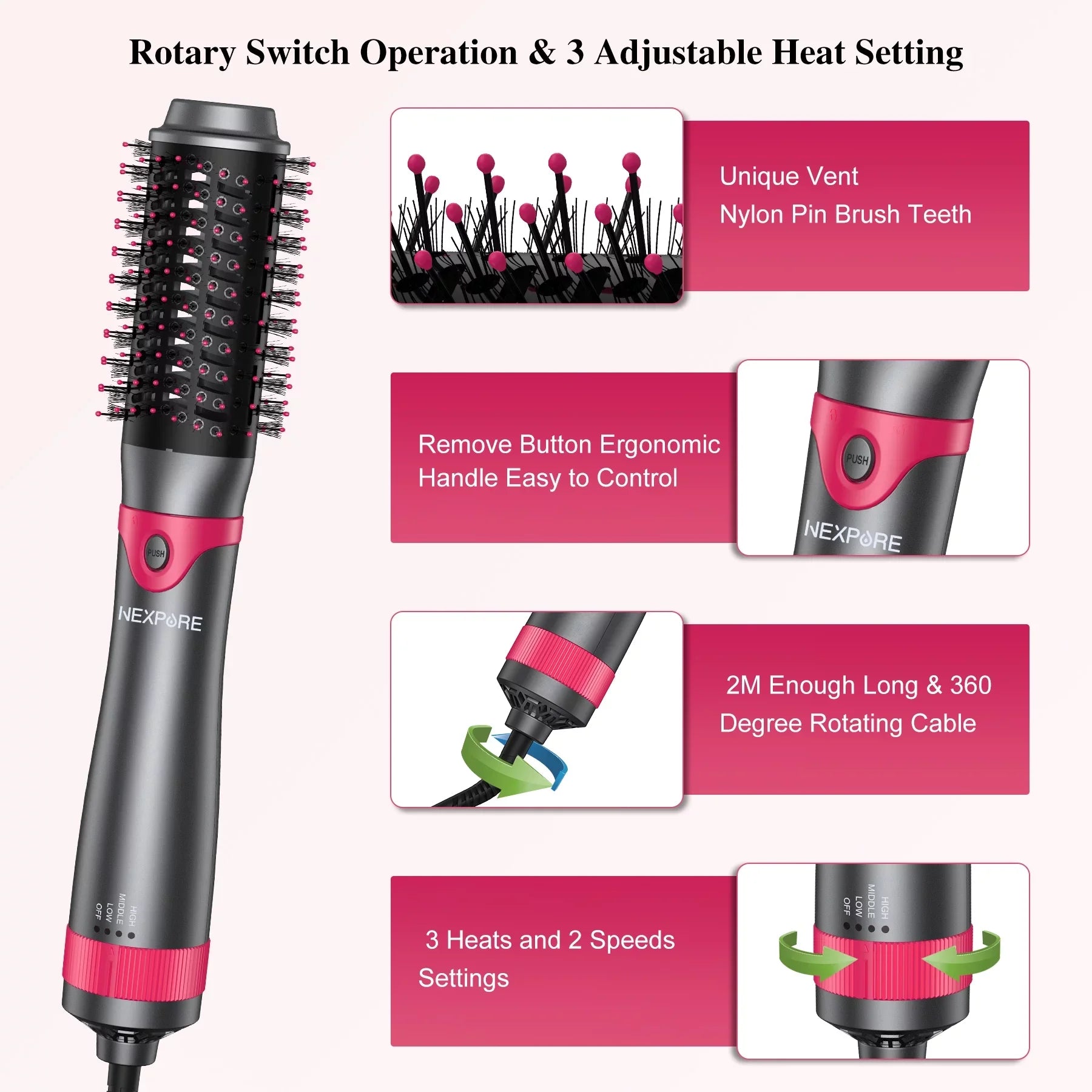 5 in 1 Multifunctional Hair Dryer Styling Tool, Detachable Salon 5-in-1 Multi-Head Hot Air Comb,Negative Ion Automatic Suction Hair Curler for Women