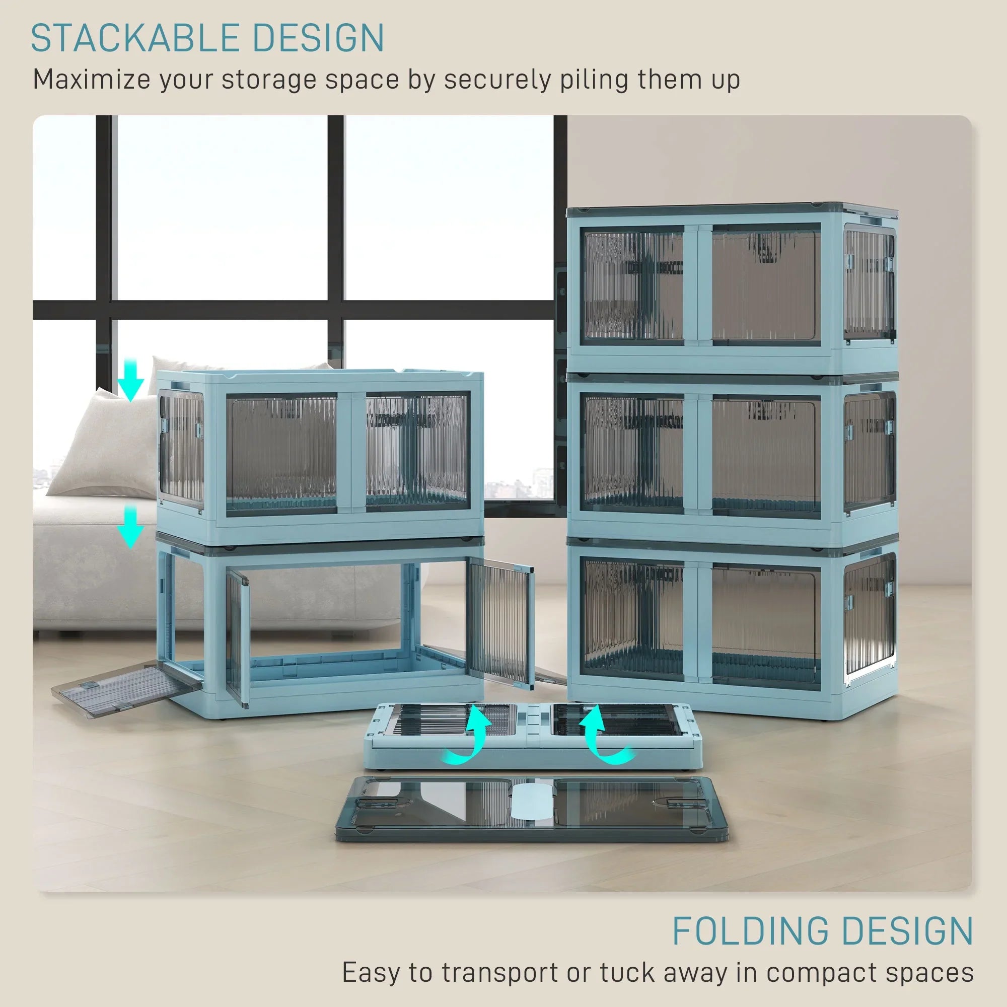 Stackable Storage Bins with Lids, Wheels, and Collapsible, Blue