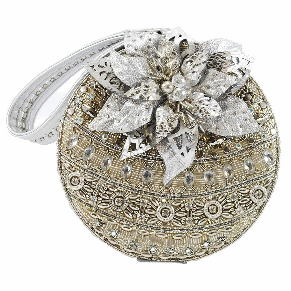 Mary Frances Snow Globe Xmas Silver Holiday Ornament Wristlet Bag Bead Purse New