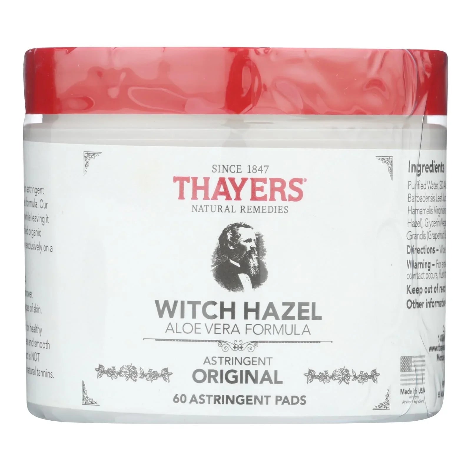 Thayers Witch Hazel Aloe Vera Formula Original 60 Pads Pack of 4