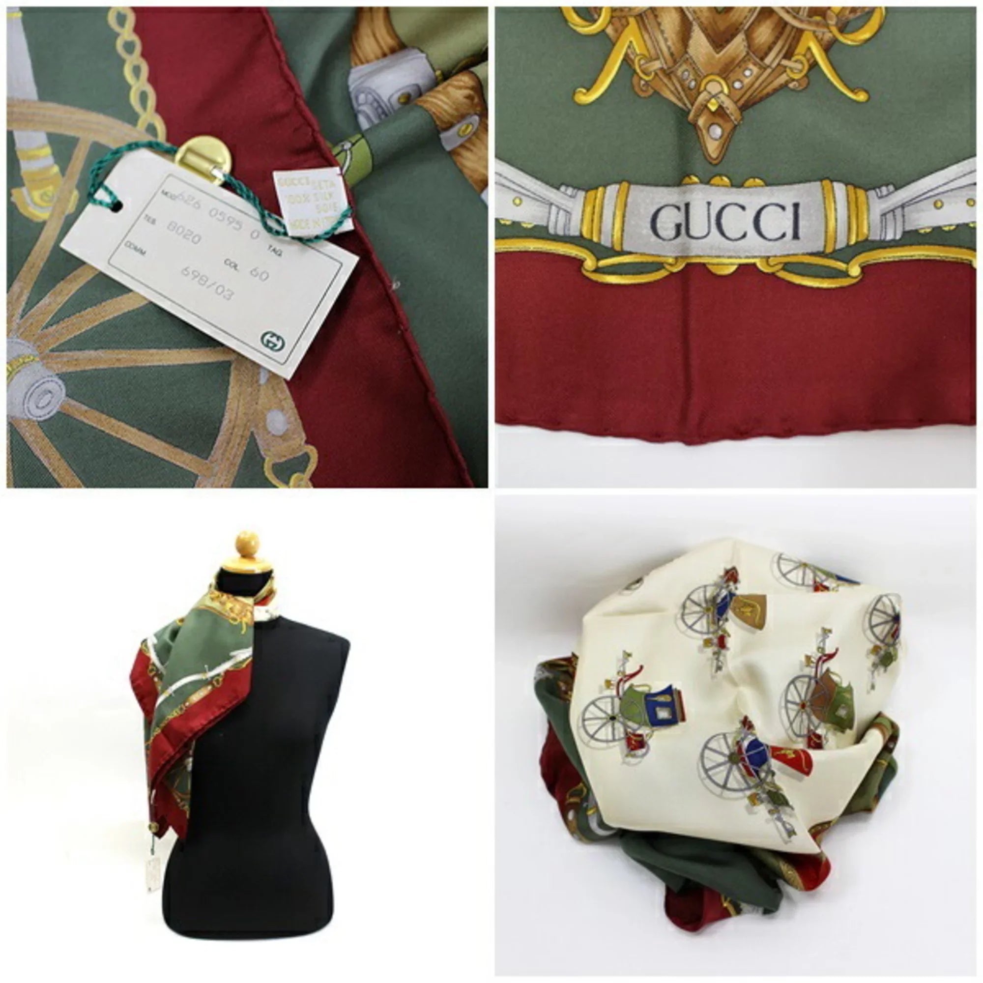Pre-Owned Gucci silk scarf muffler green x wine red carriage pattern  ladies (Like New)
