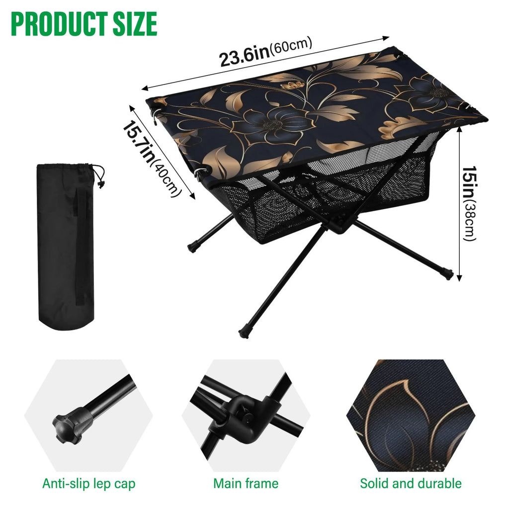 Flower on Black Camping Folding Table Portable Beach Table with Storage Bag Compact Picnic Table for Outdoor Travel Fishing