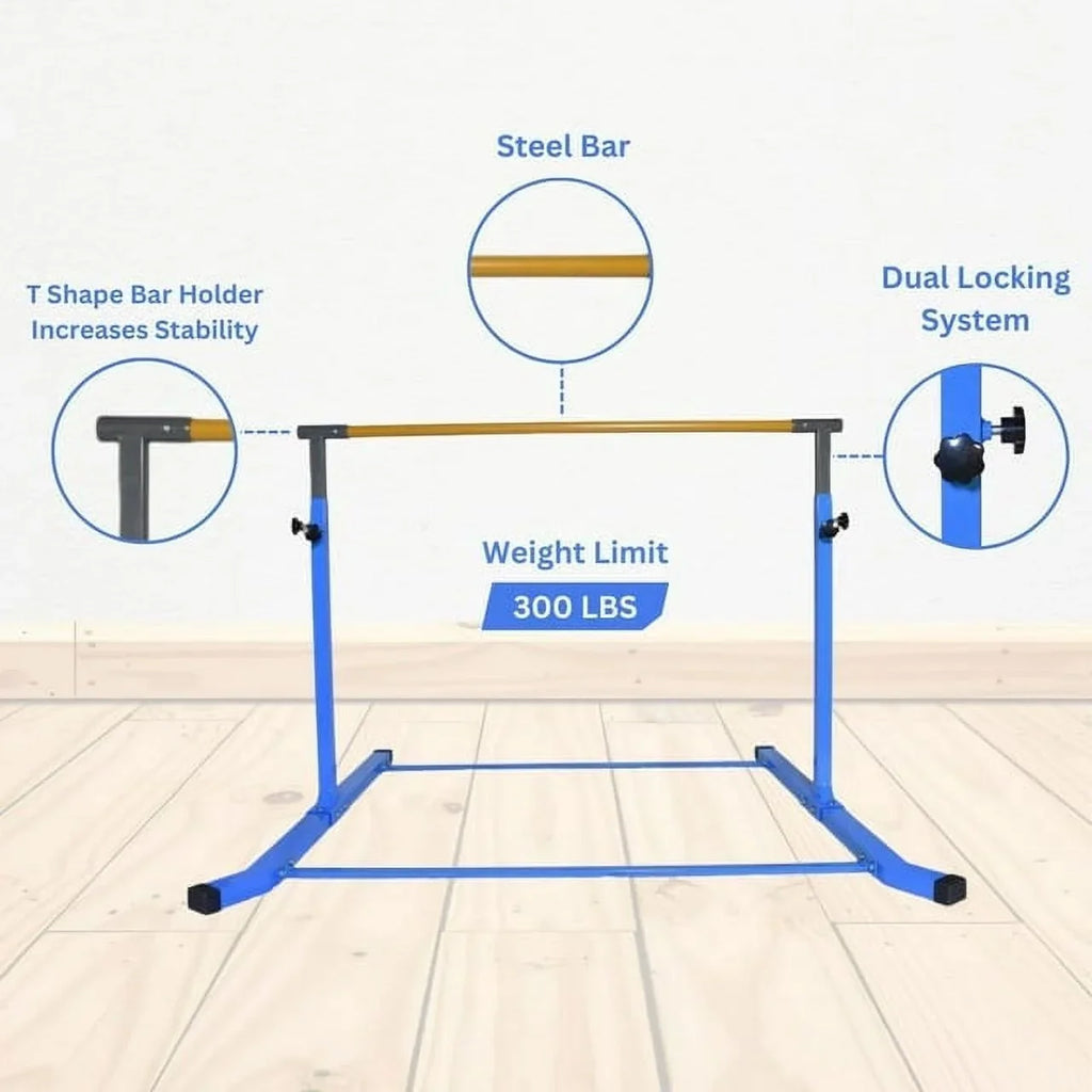 Adjustable Kids Gymnastics Kip Bar, 3-5  Height, Robust Legs, Blue - Junior Home Training Equipment