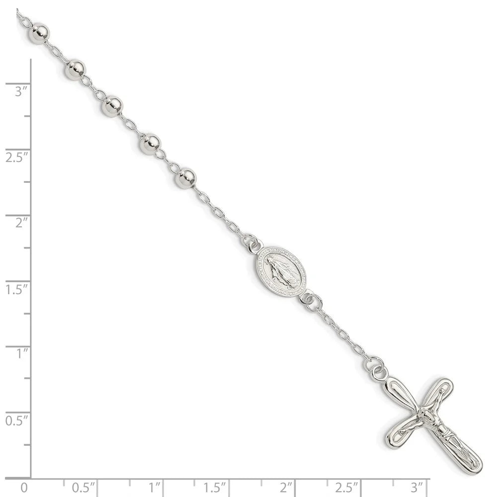 Auriga Fine Jewelry 925 Sterling Silver Beaded Single Decade Rosary Bracelet 7.5inch for Women