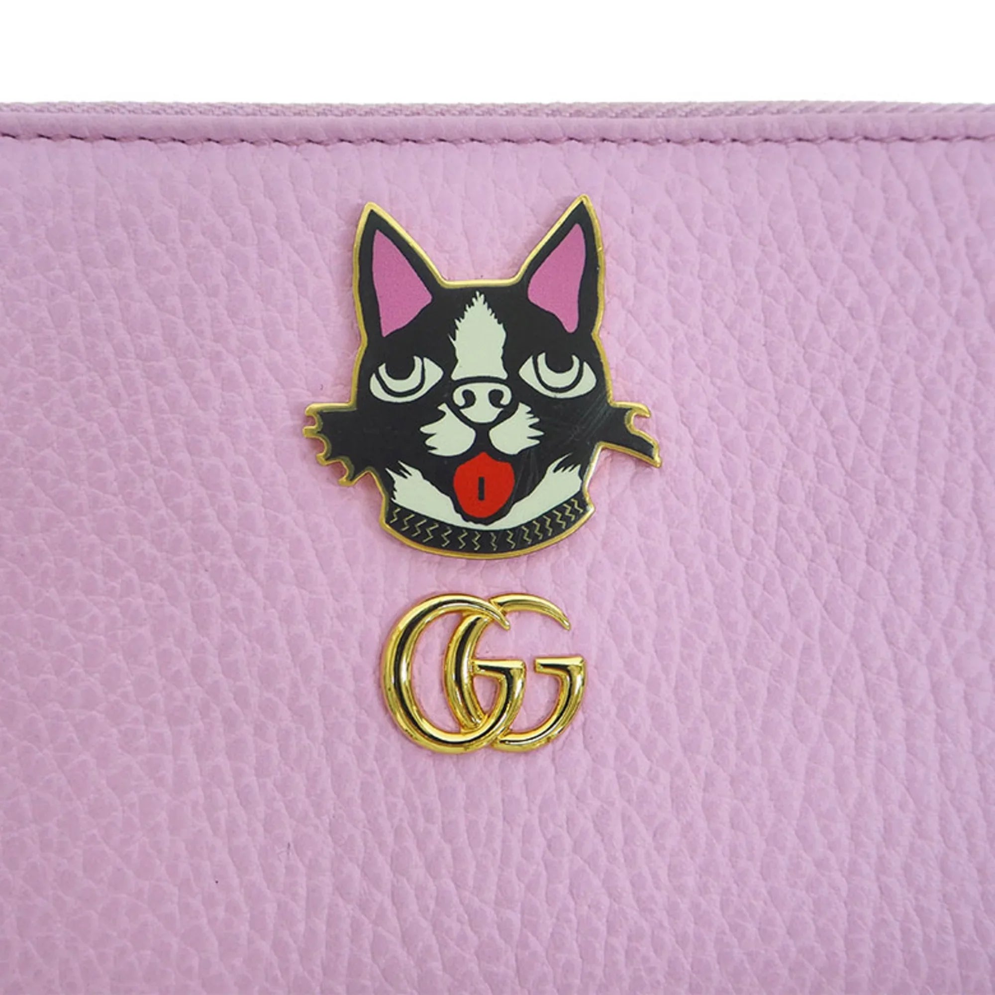 Pre-Owned  Gucci 499337  Marmont Bosco Zip Around Wallet Round Purse Light Pink Dog Boston Terrier (Like New)
