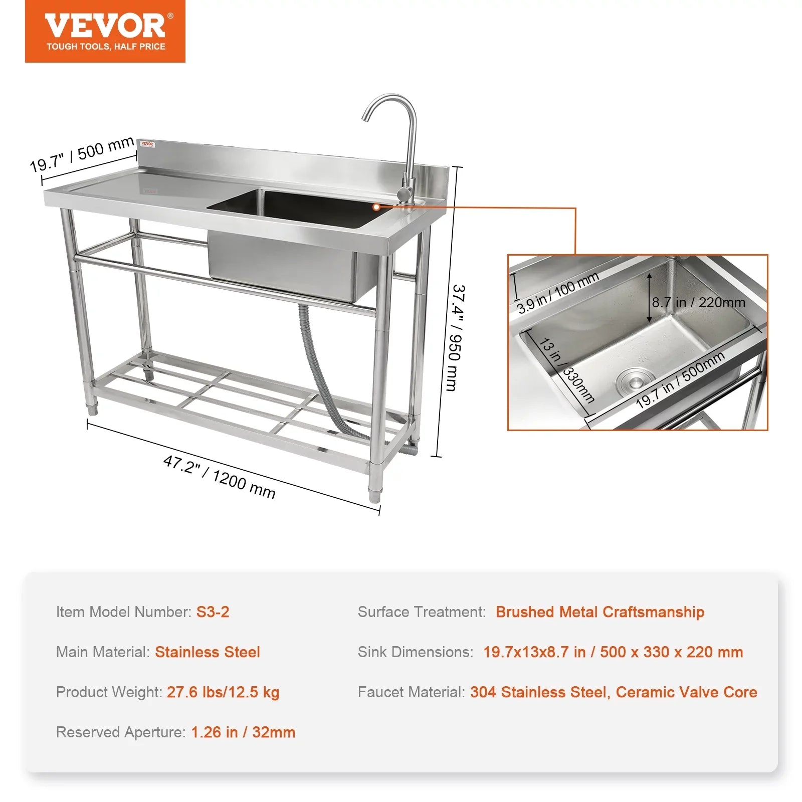 Commercial Utility & Prep Sink Single Bowl w/Workbench 47.2x19.7x37.4 in