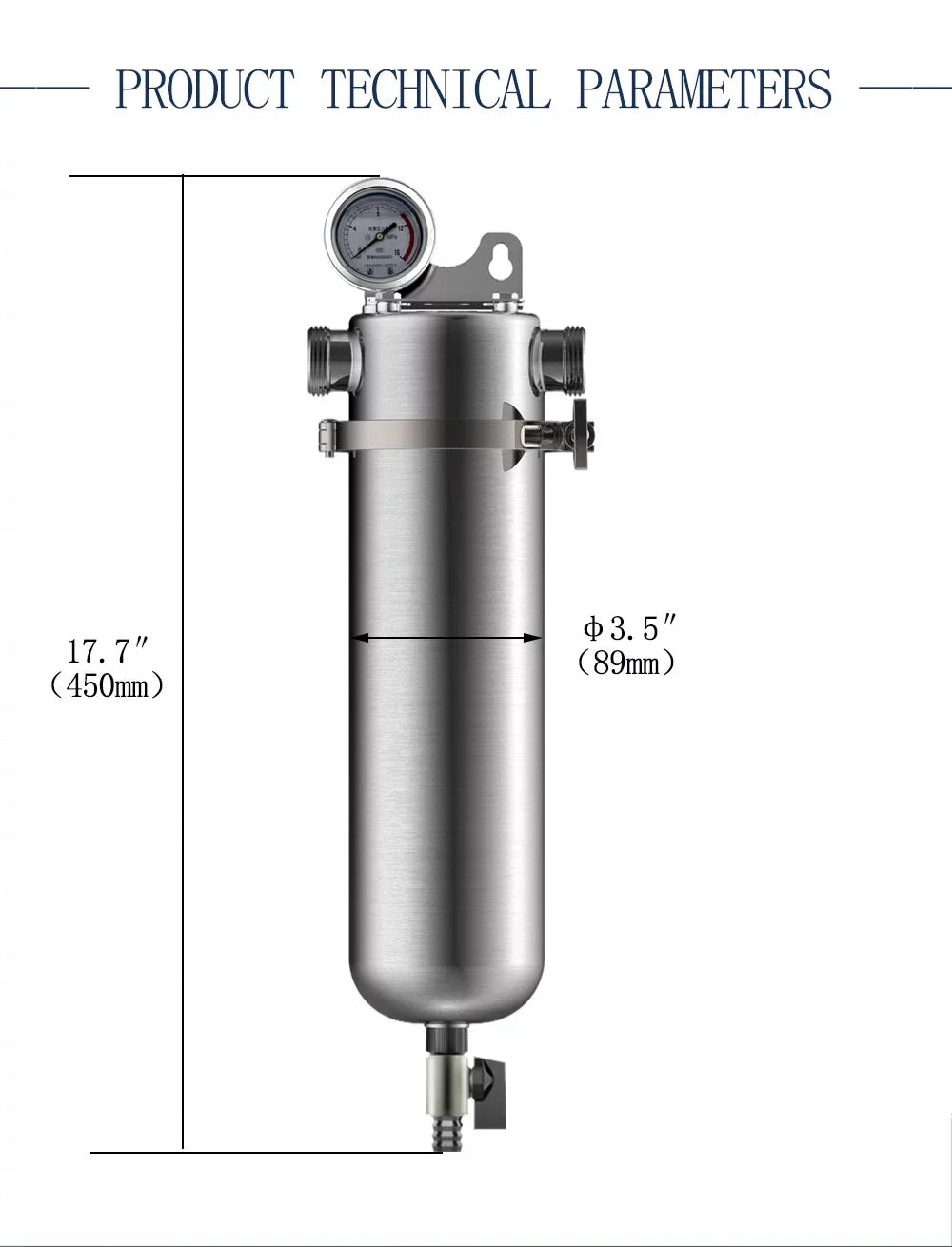 Front Water Filter Housing 10 inch Filter 1 inch  for Whole House Water Purification 304 Stainless Steel 8000L/h