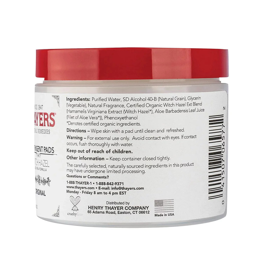 Thayers Witch Hazel Aloe Vera Formula Original 60 Pads Pack of 4