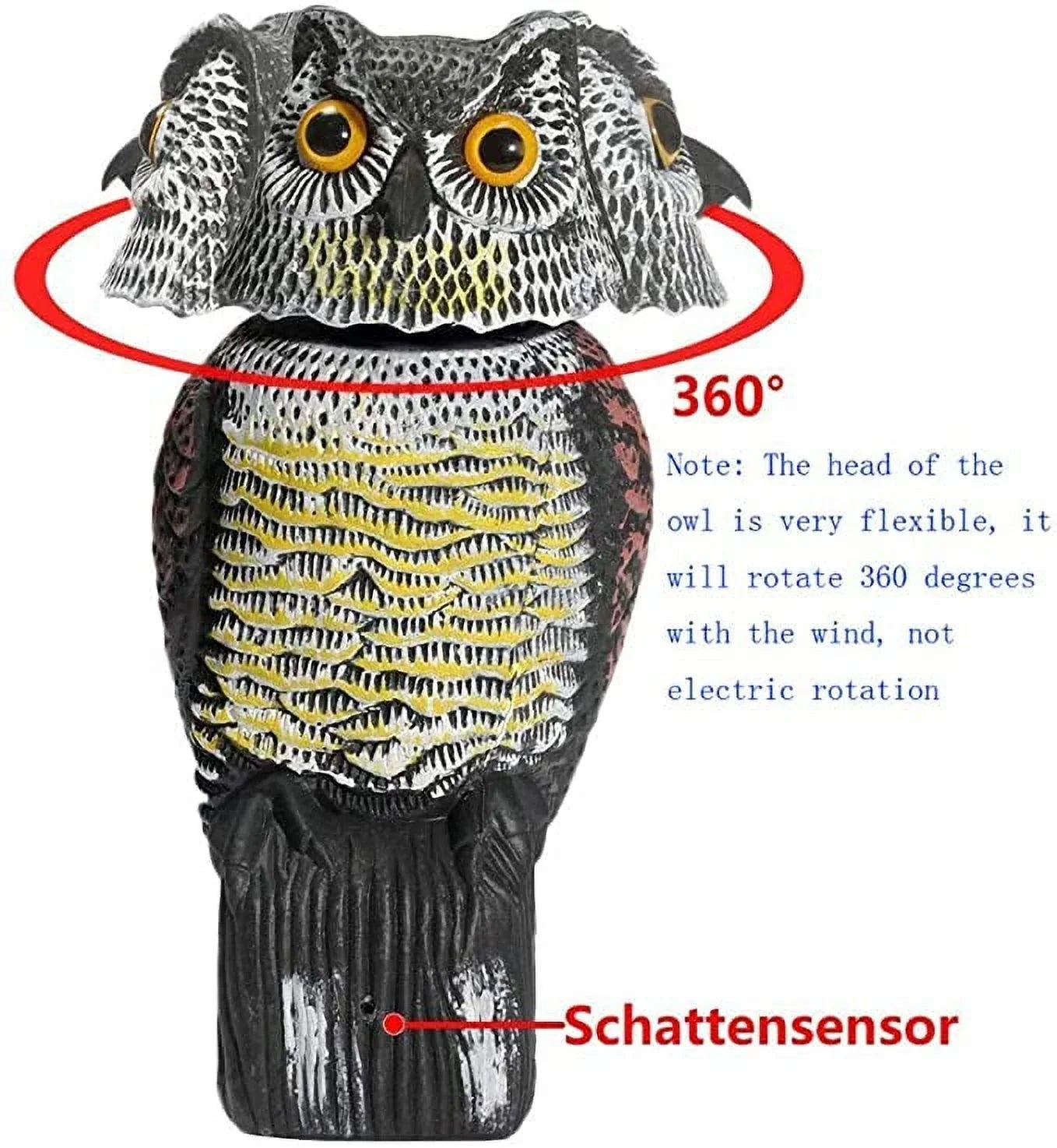 Spring hue Owl Decoy 360 Rotate Head to Scare Birds, Scarecrow Owl Decoy Statue Realistic Scary Sounds & Shadow Fake Owl Outdoor Pest Bird Deterrent for Patio Yard Garden Protector