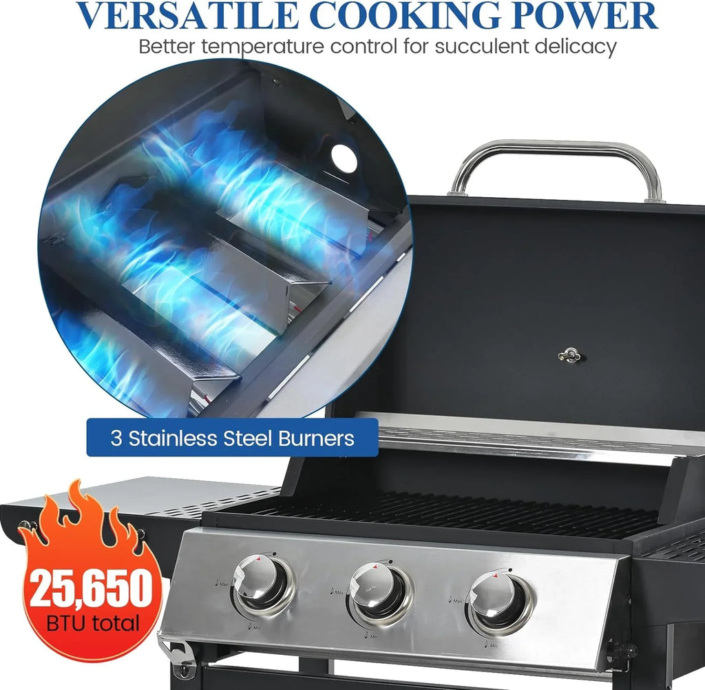Forclover Stainless Steel Portable Propane Gas Grill, 3-Burner  Grill with Top Cover Lid, Wheels, and 2 Side Shelves, for Outdoor Patio Garden Picnic Backyard