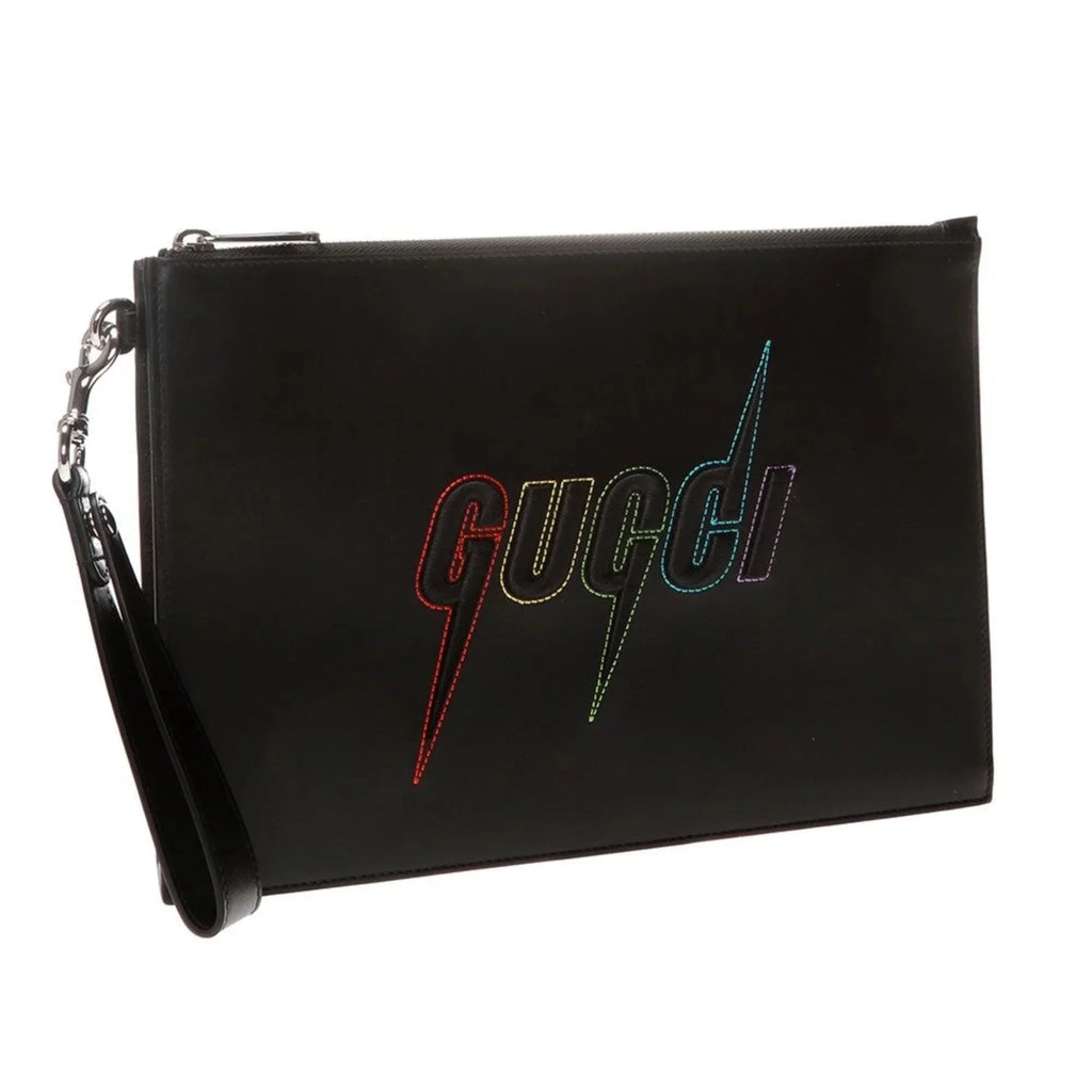 New Gucci Blade Embroidered Black Leather Pouch Wristlet Bag 597678
