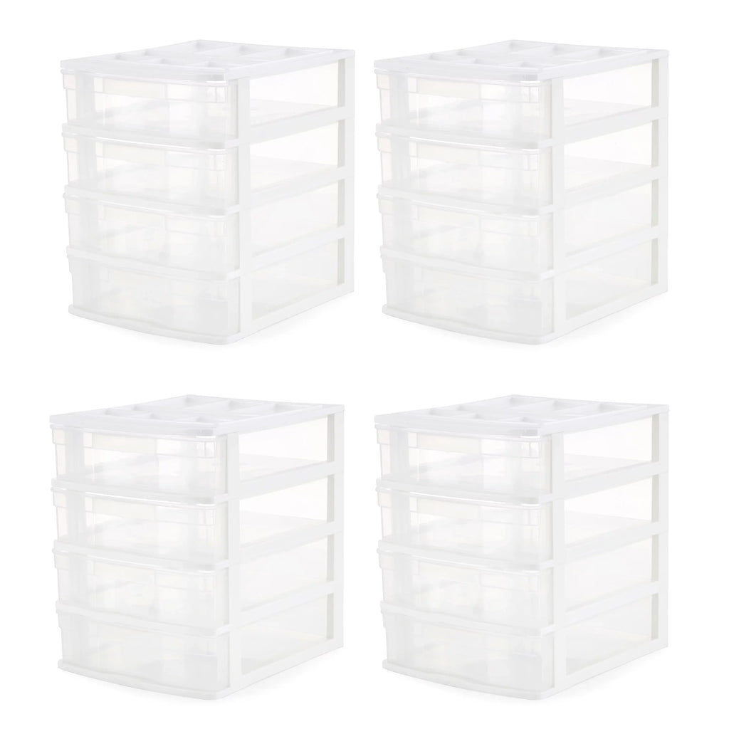 Gracious Living 4 Drawer Desktop Storage w/ Organizer Lid, White (4 Pack)