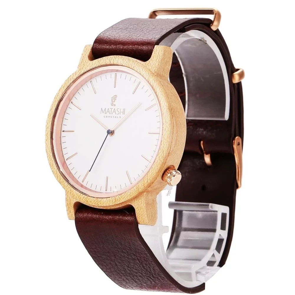 Matashi Mens and Womens Casual Wooden Wrist Watch w Brown Leather Strap, 1ATM Water Resistant, Business or Travel, Swiss