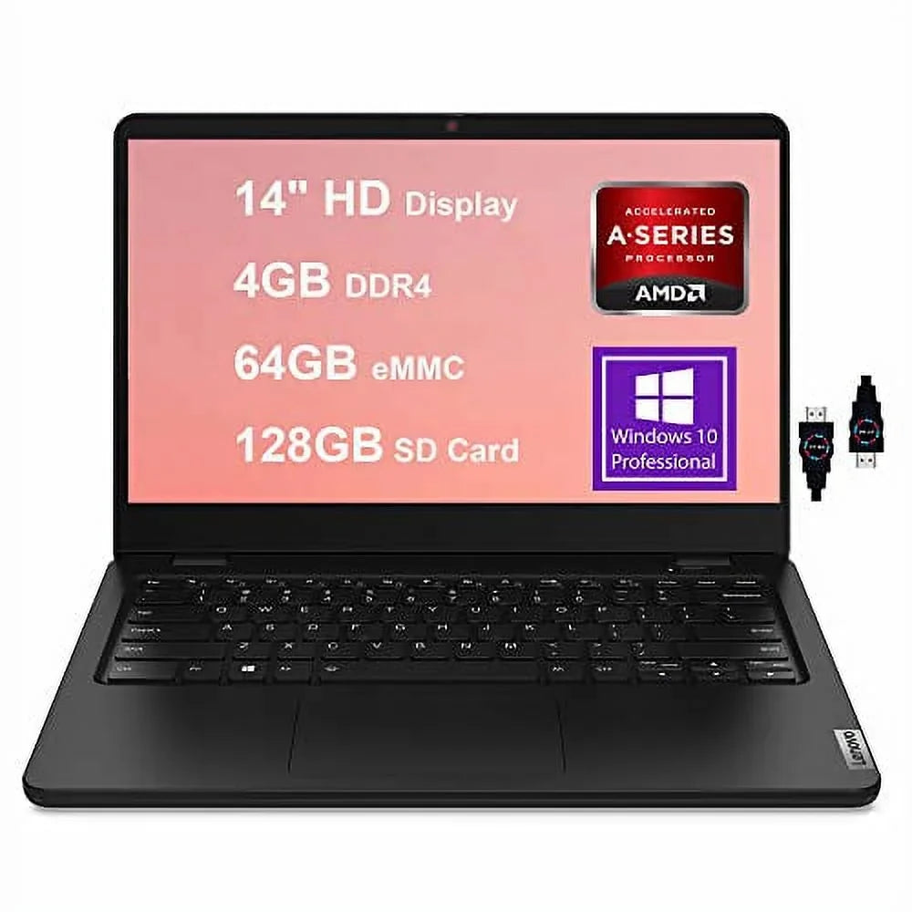 Lenovo Ideapad 14W Gen 2 14 Business Laptop | 14"  Anti-Glare Display |  3000 Series 3015e Processor | 4GB DDR4 64GB eMMC 128GB  Card |  Radeon Graphic  Win10 Pro Black +  Cable