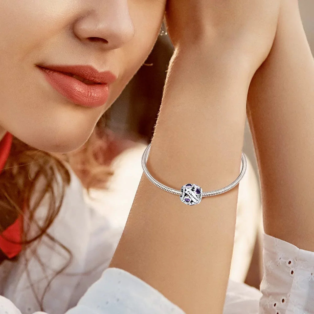 February Birthstone Charms for Pandora Bracelets 925 Sterling Silver Love Heart Openwork Bead Charms