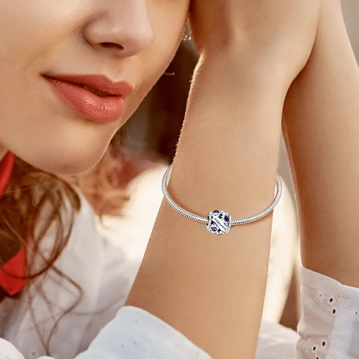 February Birthstone Charms for Pandora Bracelets 925 Sterling Silver Love Heart Openwork Bead Charms