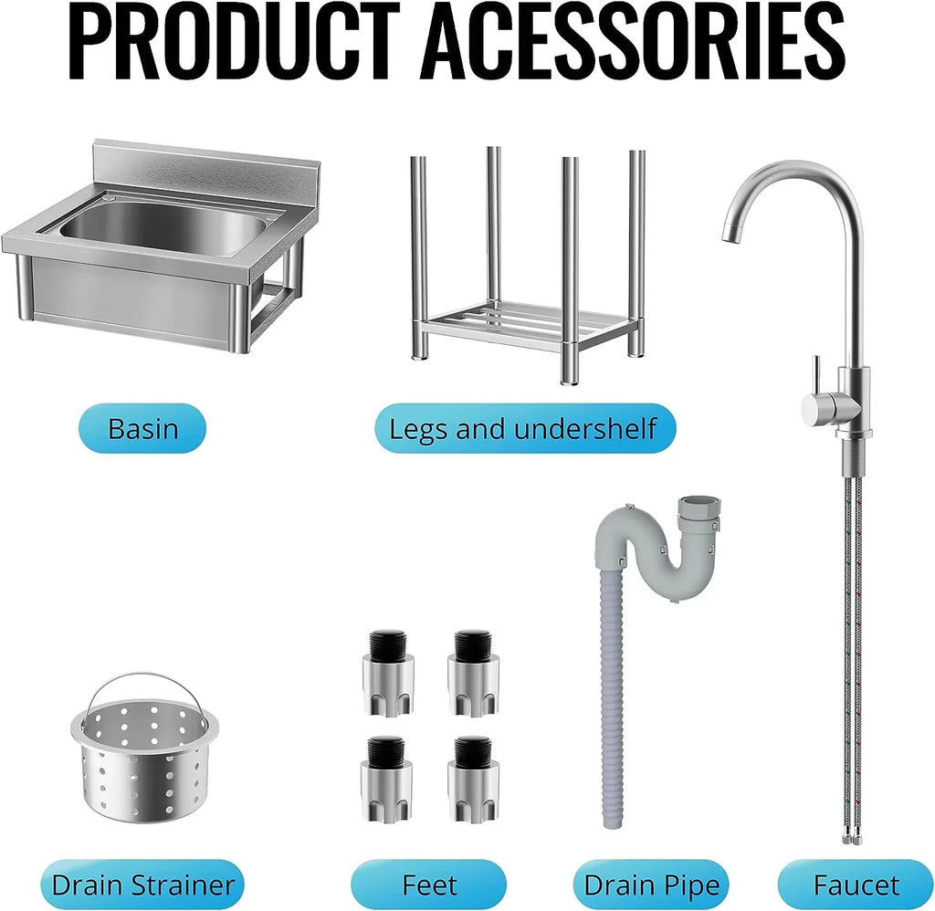 Utility Sink Stainless Steel Free Standing Single Bowl with Cold and Hot Water Pipe - Ideal for Laundry Room, Bathroom, and Farmhouse