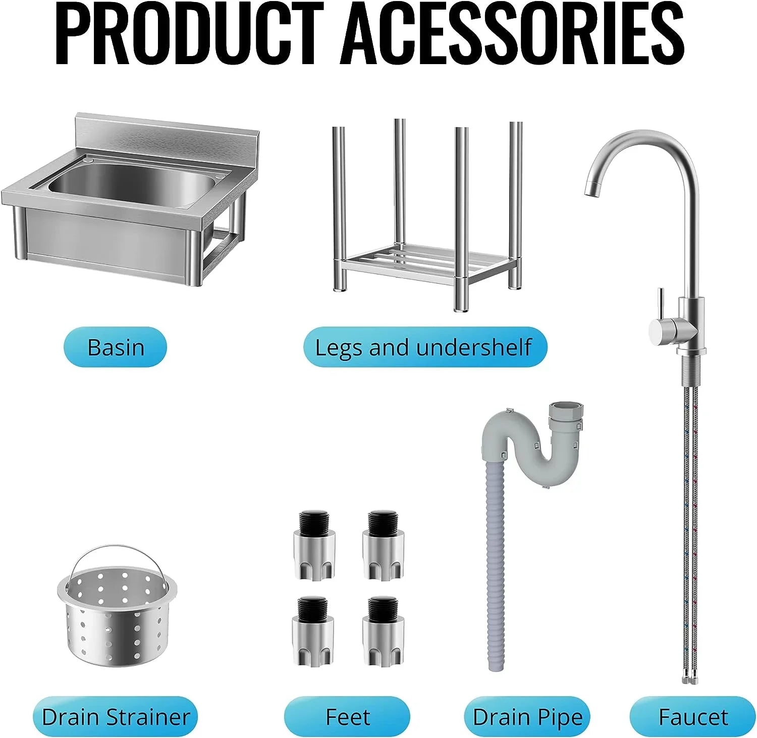 Utility Sink Stainless Steel Free Standing Single Bowl with Cold and Hot Water Pipe - Ideal for Laundry Room, Bathroom, and Farmhouse