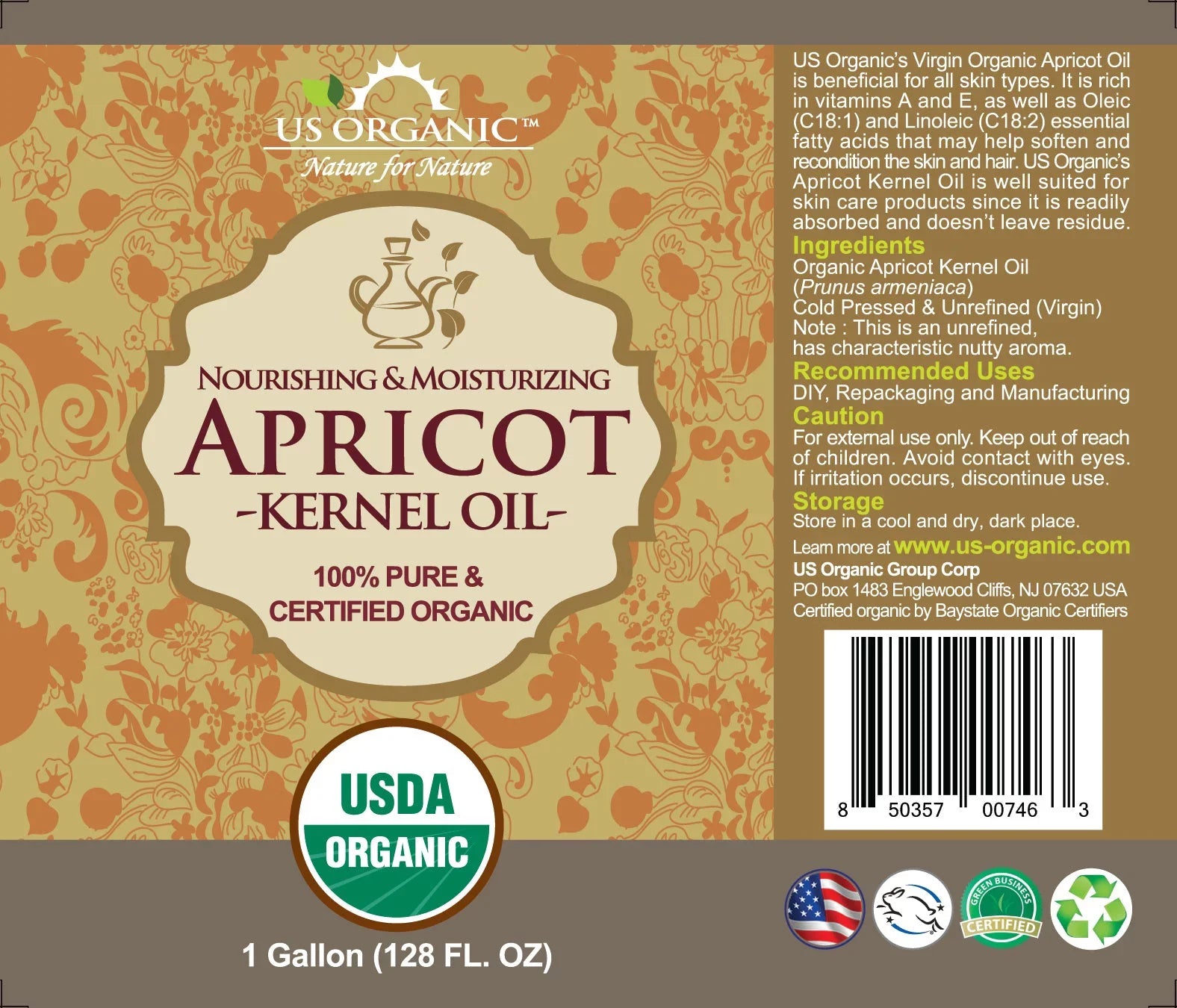 Organic  Apricot Kernel Oil, 100% Pure Certified  Organic, 128 oz (1 Gallon)